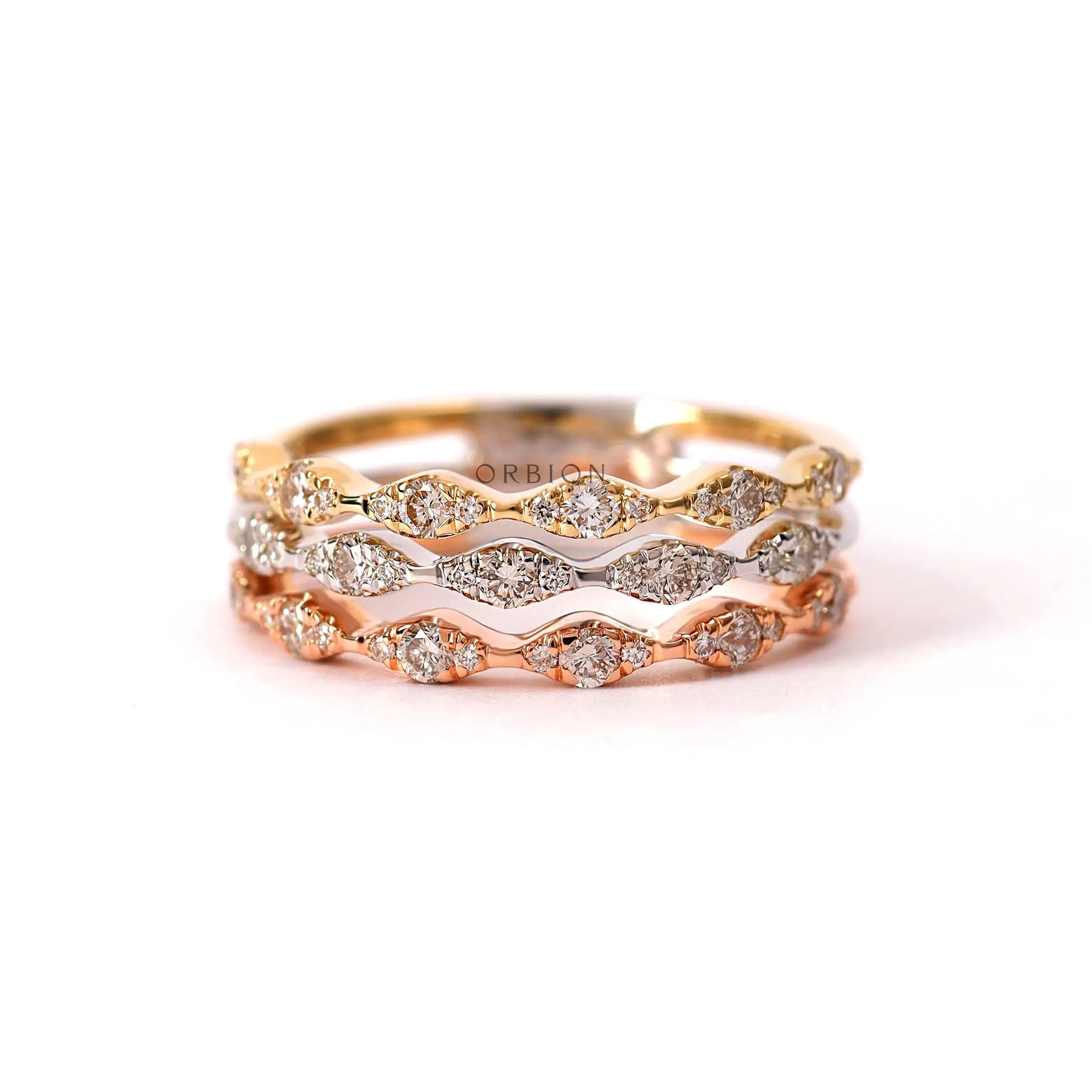 Tri color 10k gold diamond band multirow pave lab grown diamonds front view