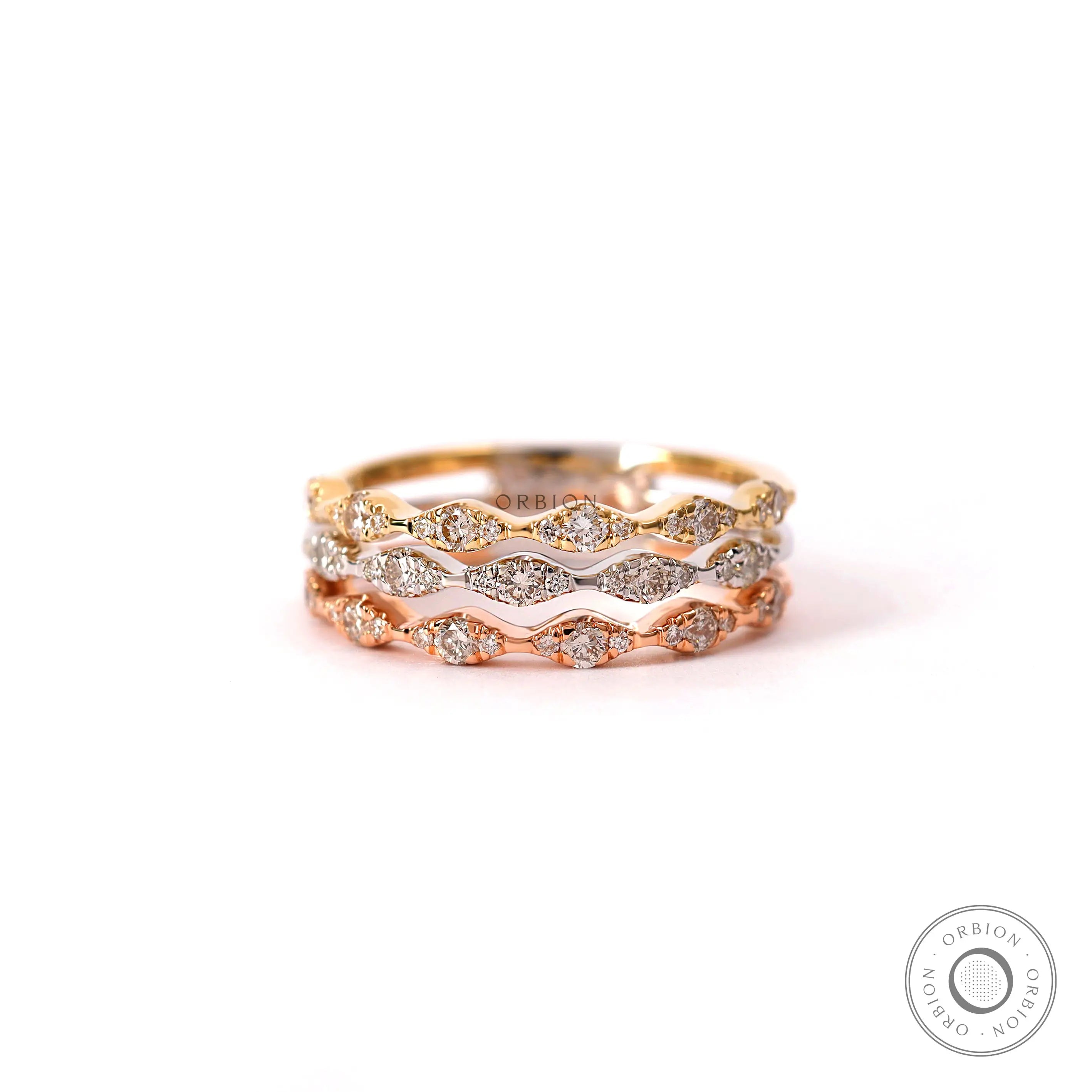 Tri color 10k gold diamond band multirow pave lab grown diamonds front view