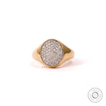Pave lab diamond oval signet ring in 10k yellow gold front view