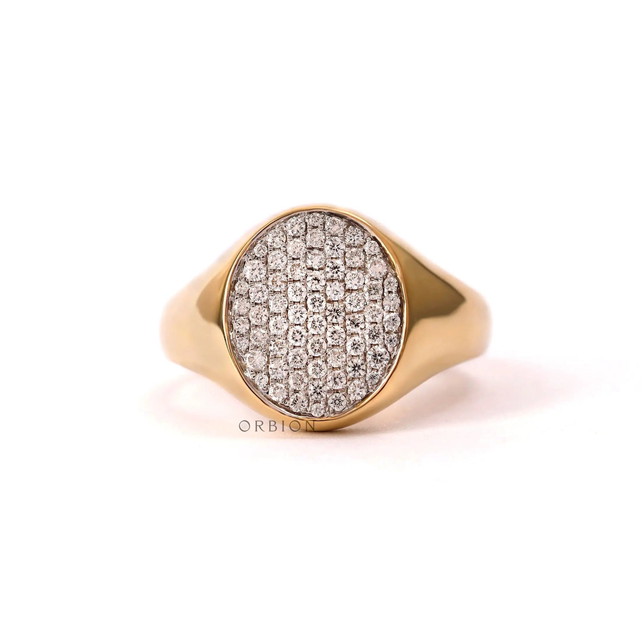 Pave lab diamond oval signet ring in 10k yellow gold front view