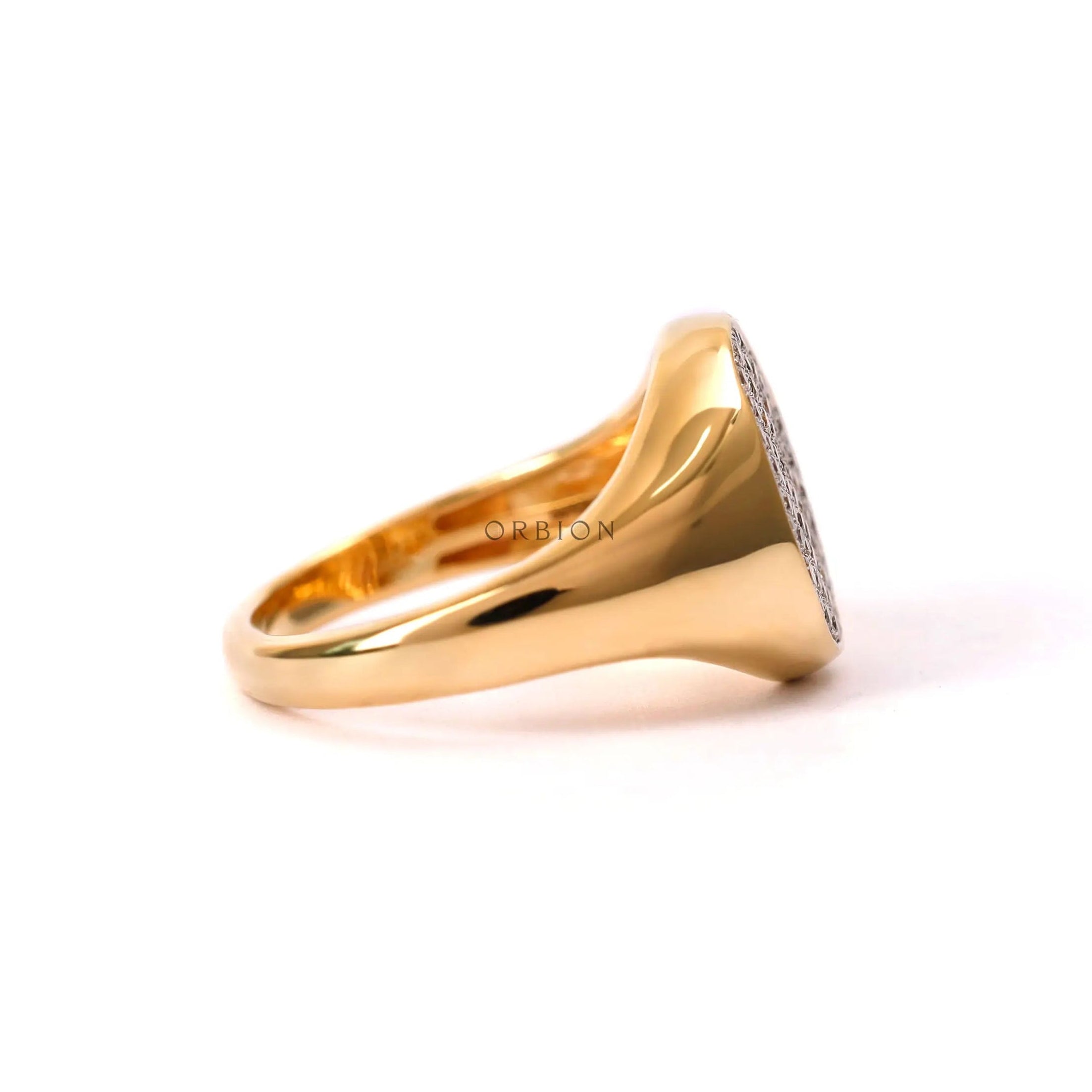 Bold yellow gold signet ring with round brilliant diamonds