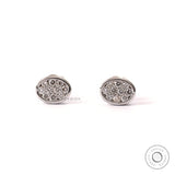 Oval shaped pave lab grown diamond cluster stud earrings in 14k white gold.