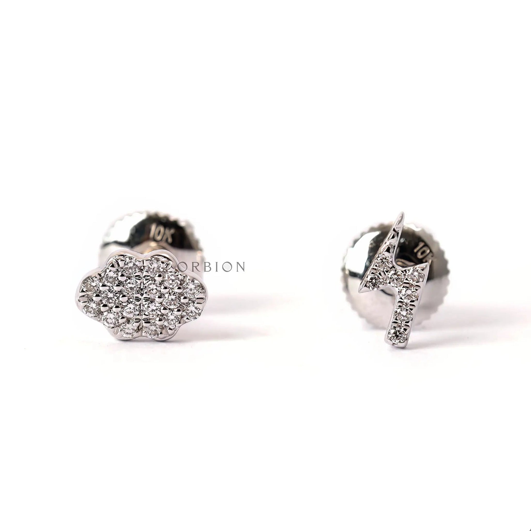 Cloud and lightning bolt mismatch stud earrings in 10K white gold