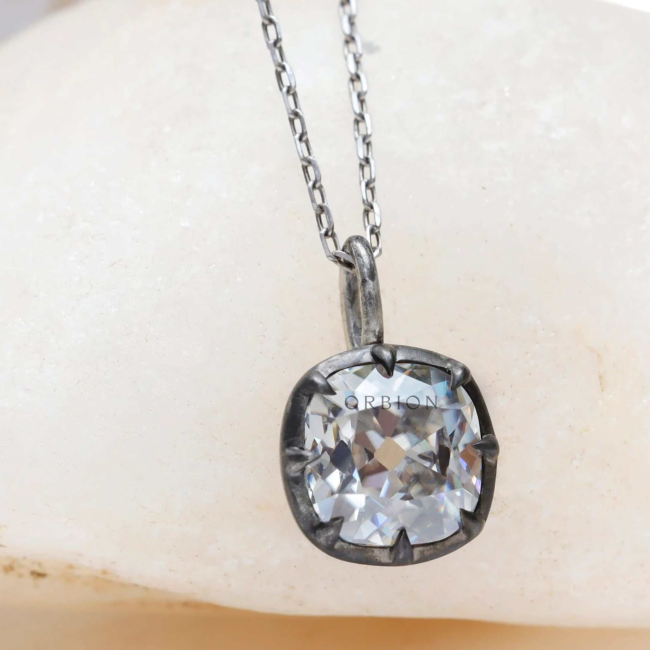 Vintage inspired cushion old mine cut pendant in oxidized silver