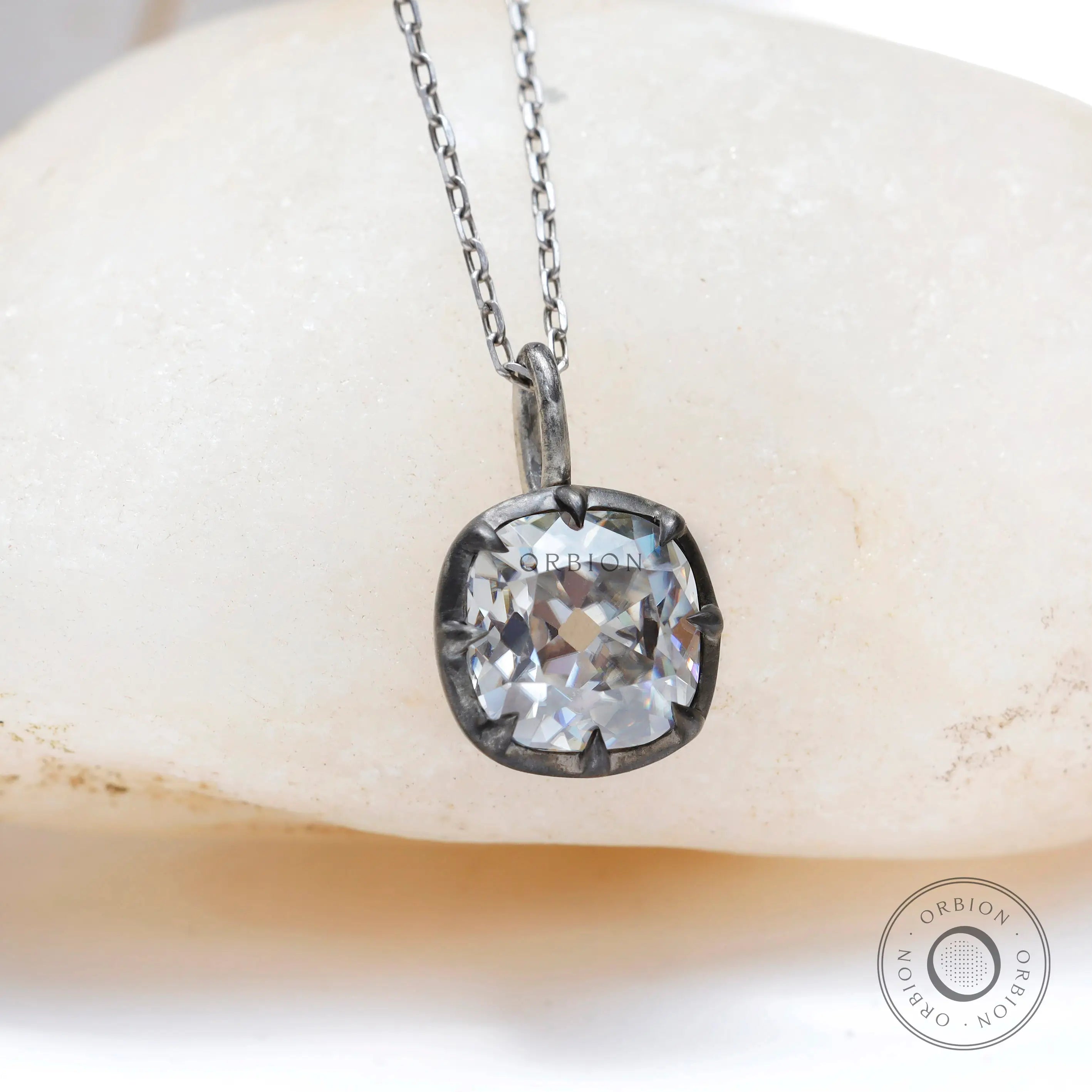 Vintage inspired cushion old mine cut pendant in oxidized silver