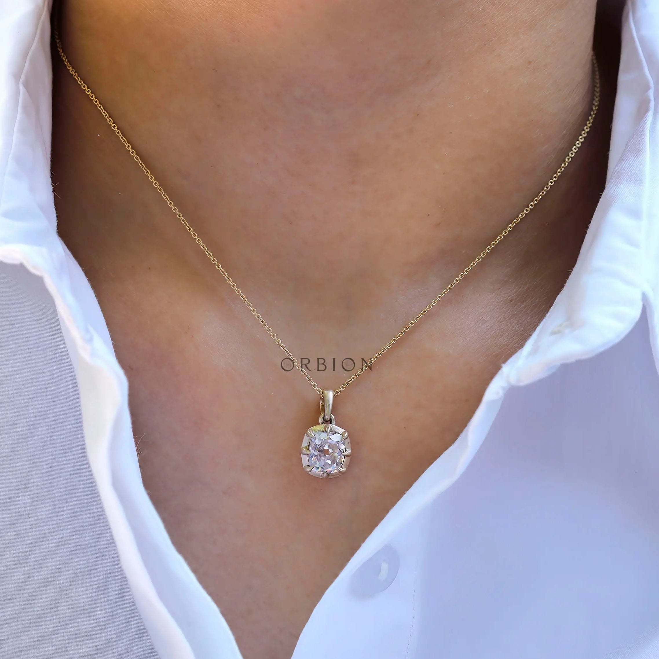 Handmade vintage style 14k gold cushion solitaire pendant