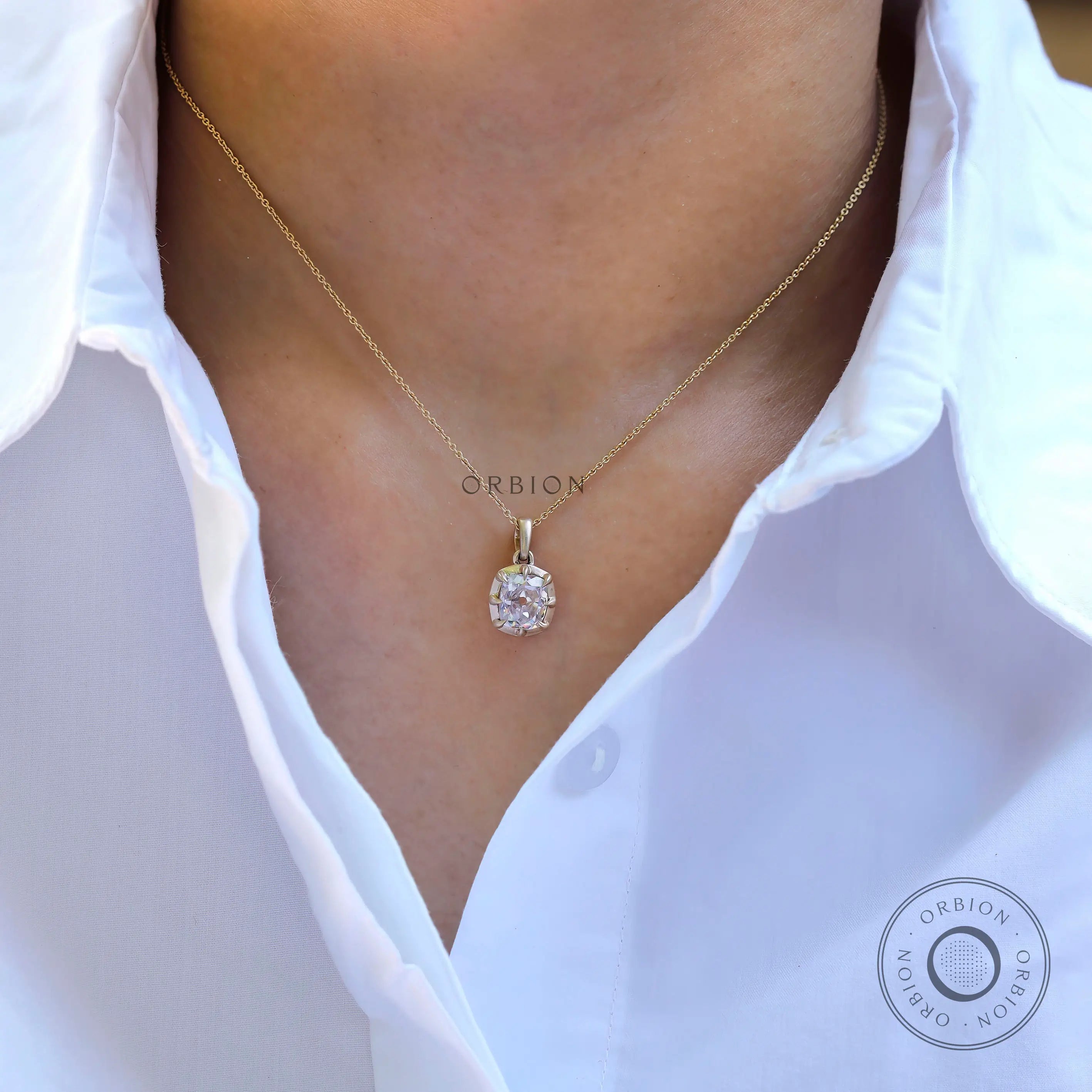Handmade vintage style 14k gold cushion solitaire pendant