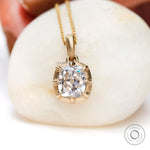 Old mine cut elongated cushion moissanite pendant in 14k yellow gold matte finish
