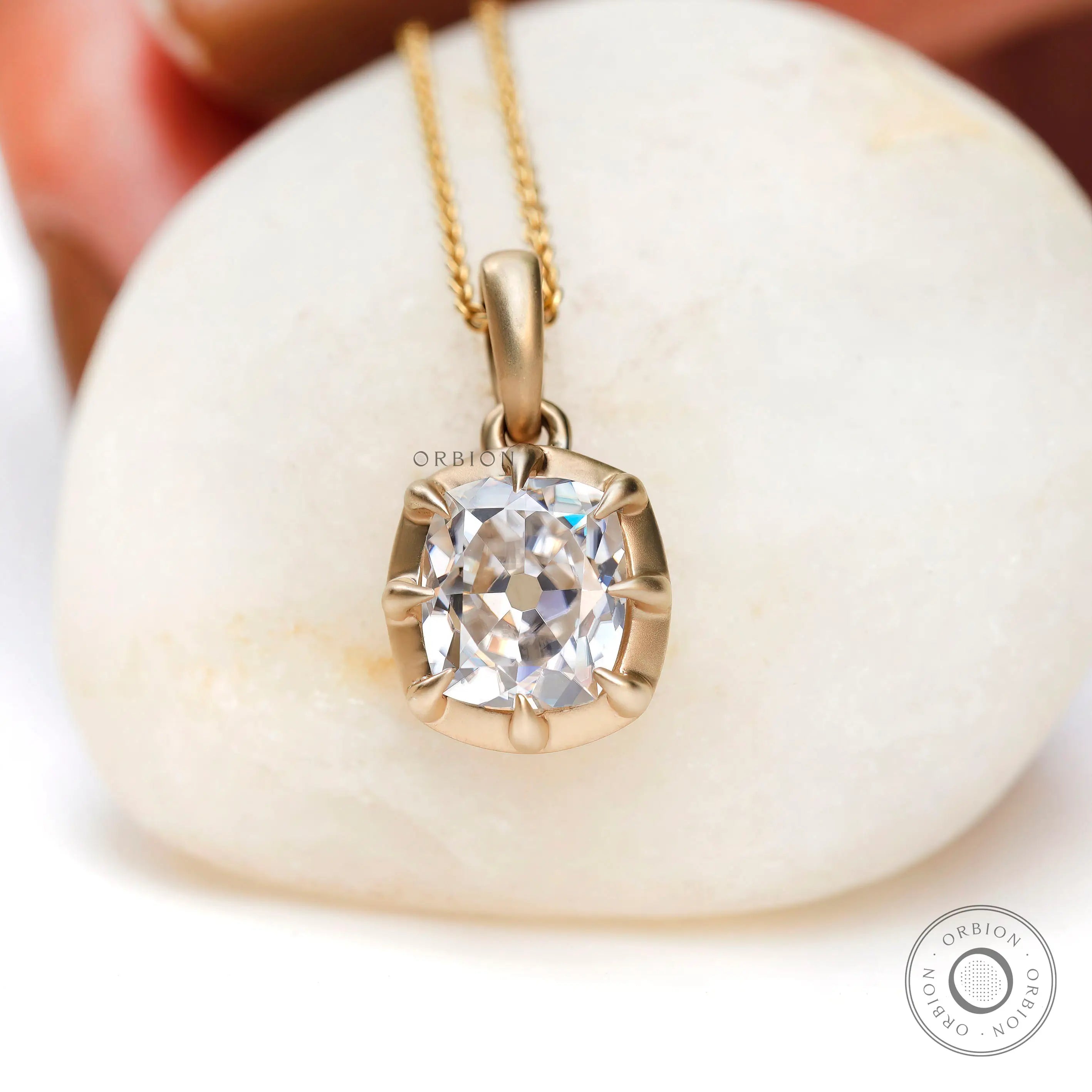 Old mine cut elongated cushion moissanite pendant in 14k yellow gold matte finish