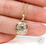 Vintage old mine cut cushion pendant in 10K yellow gold satin finish front view