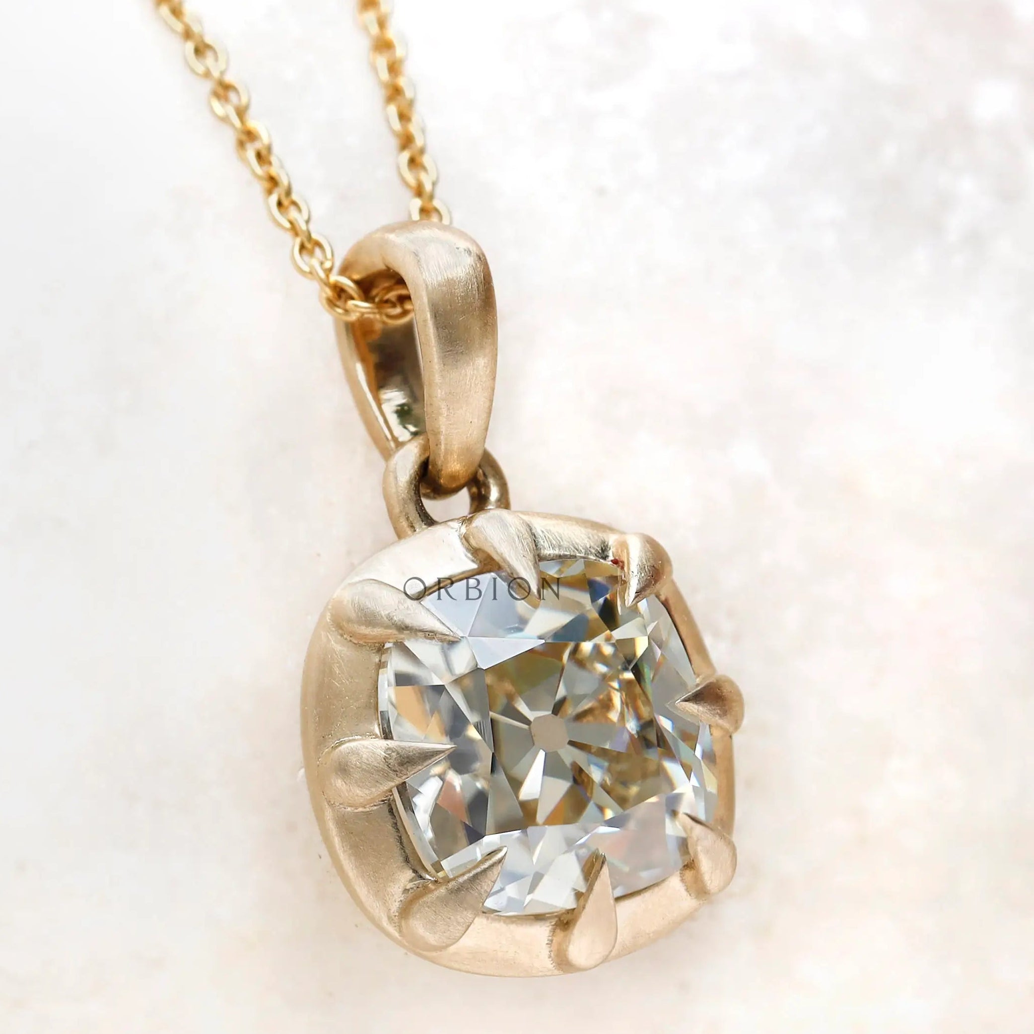 Moissanite old mine cut cushion pendant side profile view
