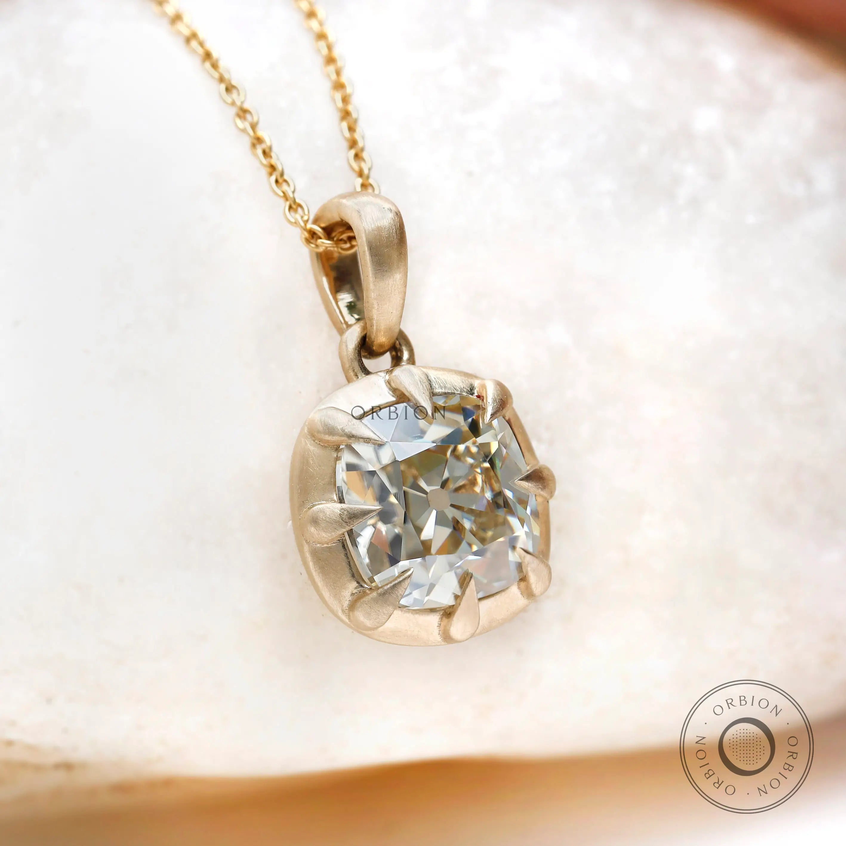 Moissanite old mine cut cushion pendant side profile view