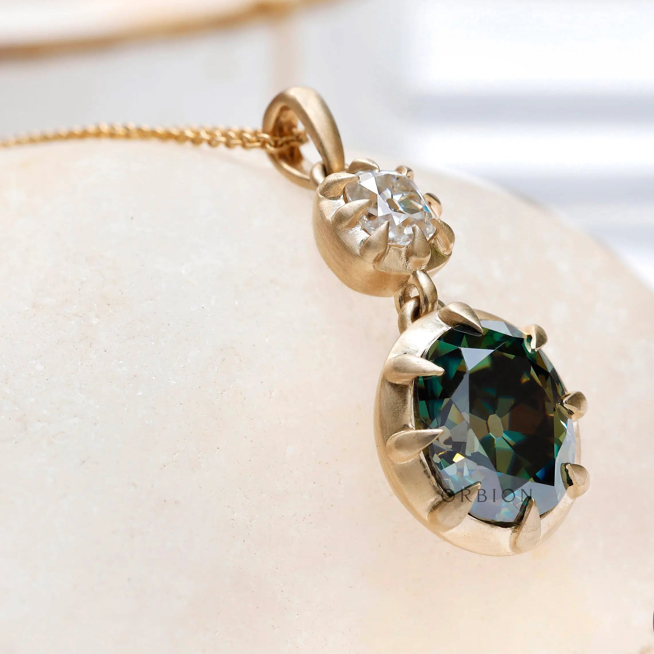 Dark green oval old mine cut moissanite gold pendant