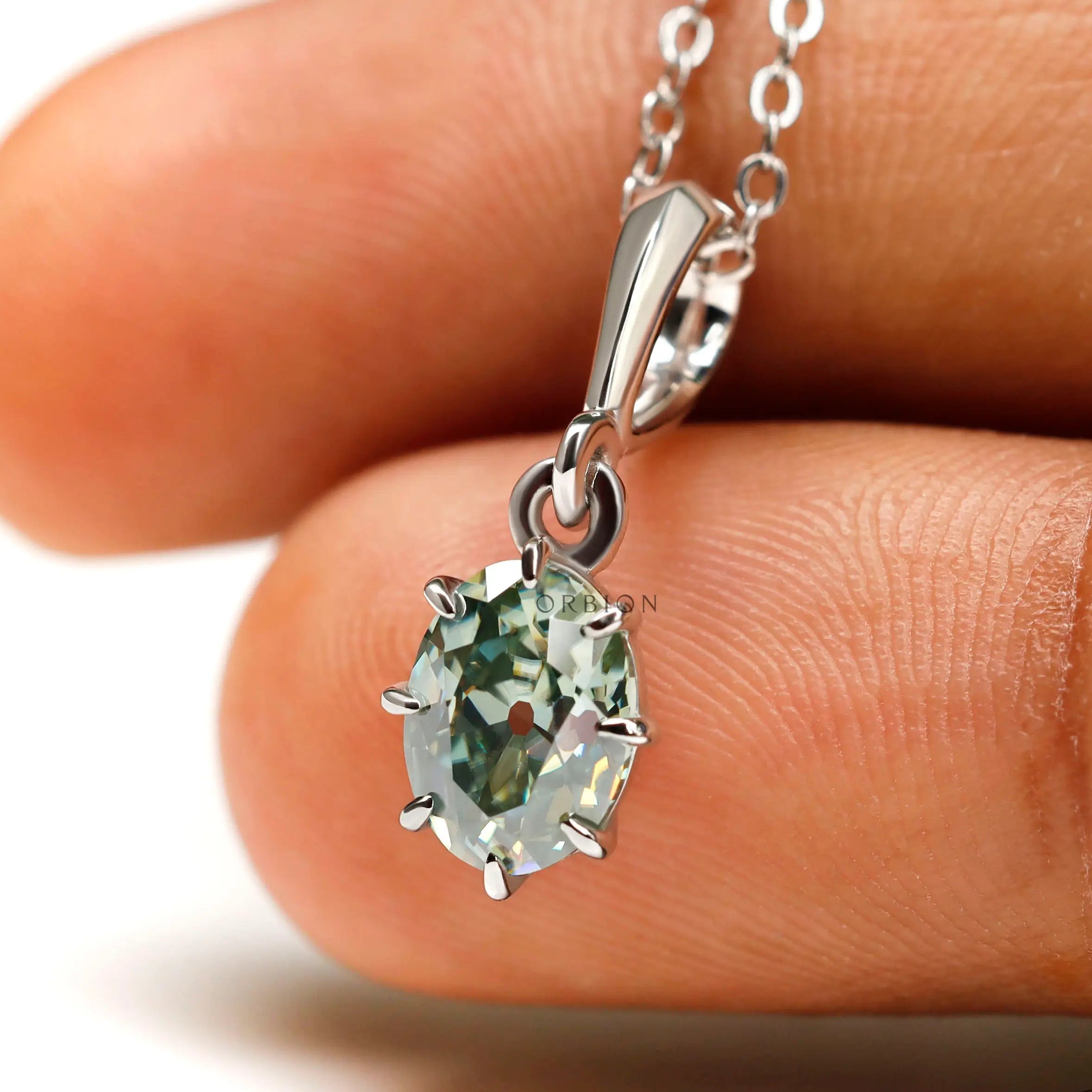Light blue green moissanite pendant necklace fine jewelry detail