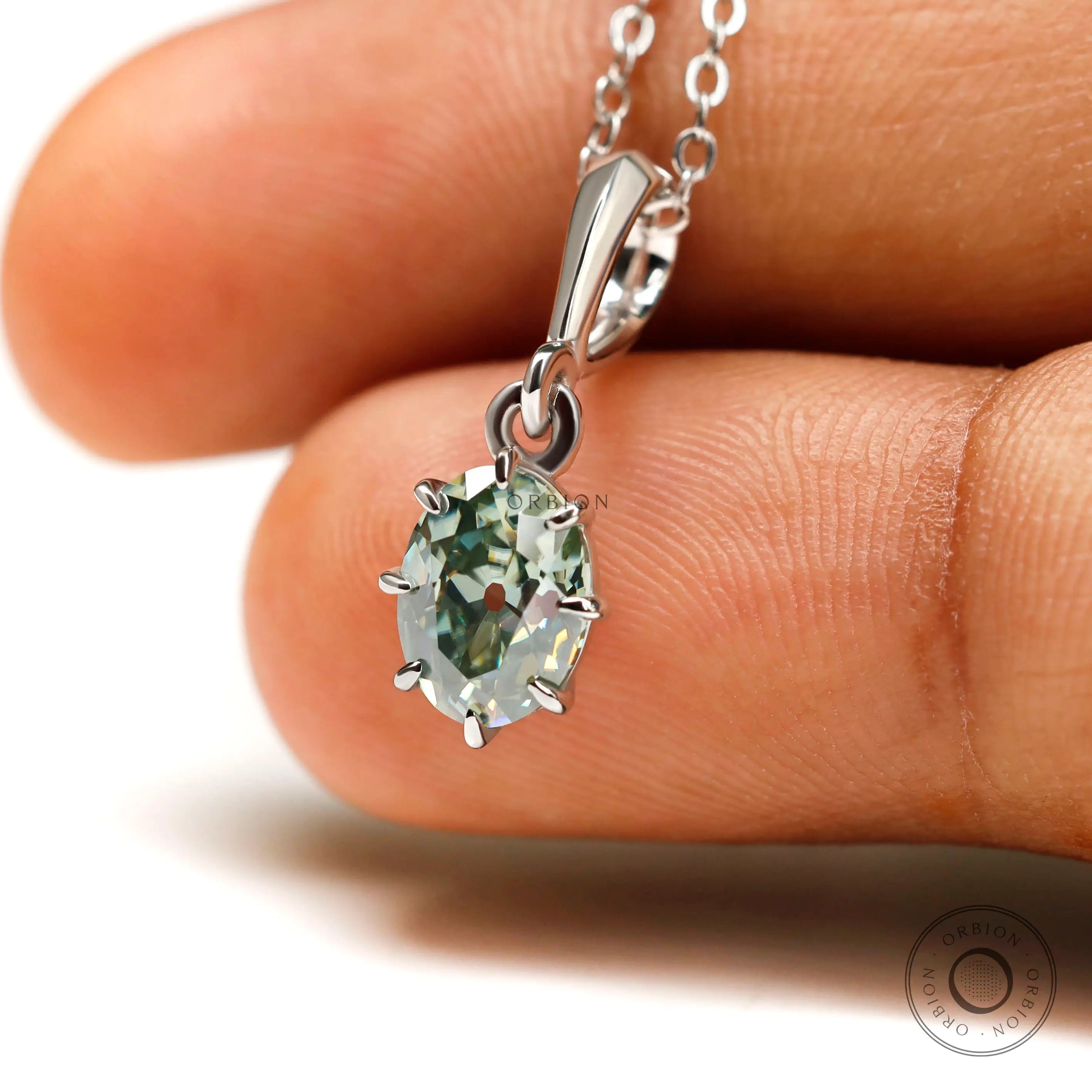 Light blue green moissanite pendant necklace fine jewelry detail