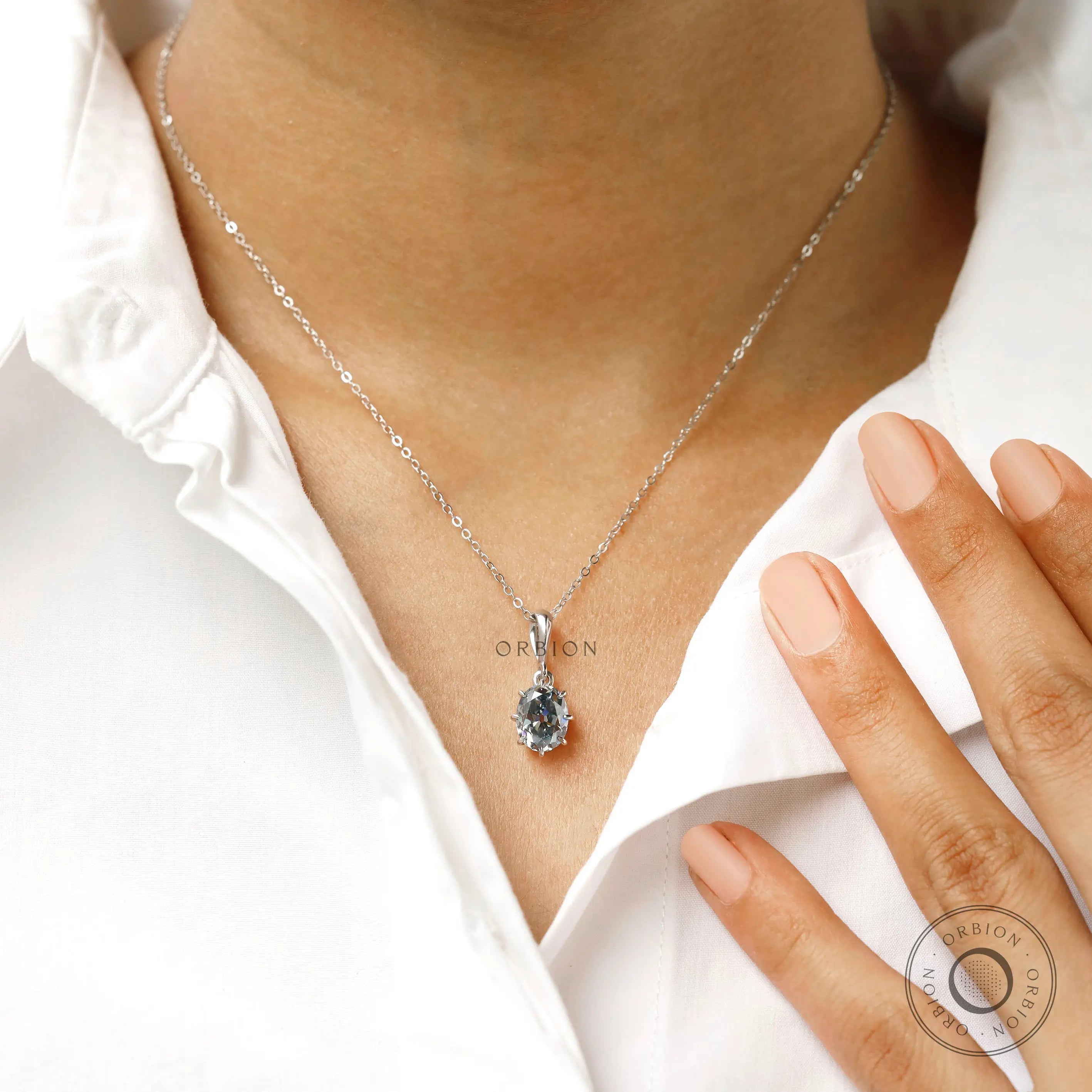 Vintage style oval bluish grey moissanite solitaire pendant necklace