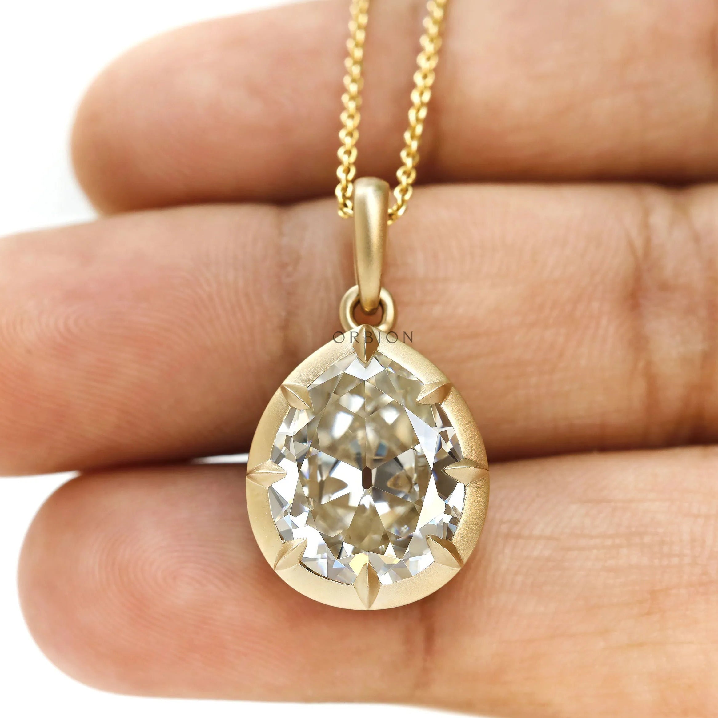Antique Inspired Pear Moissanite Pendant in 18K Gold with Matte Texture