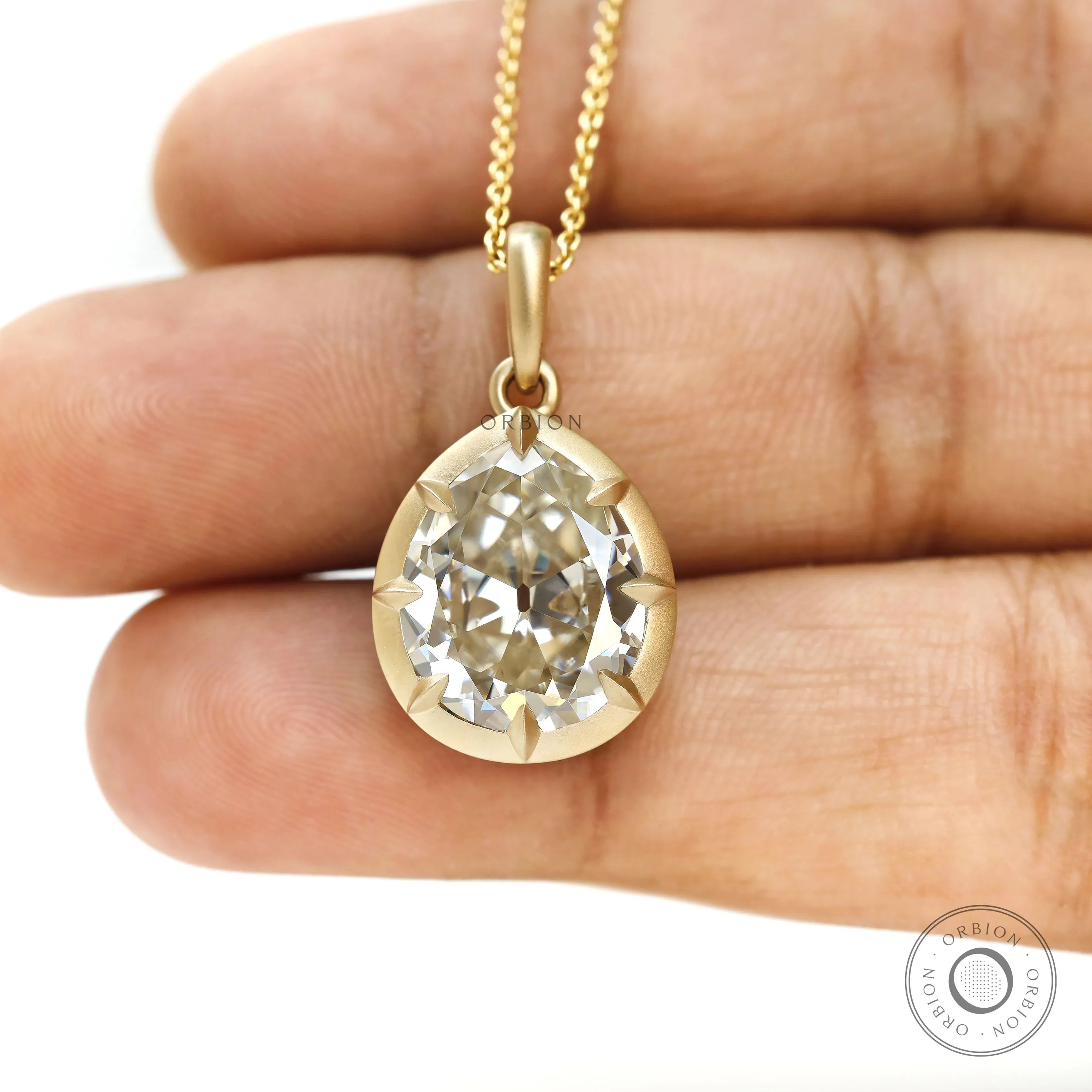 Antique Inspired Pear Moissanite Pendant in 18K Gold with Matte Texture