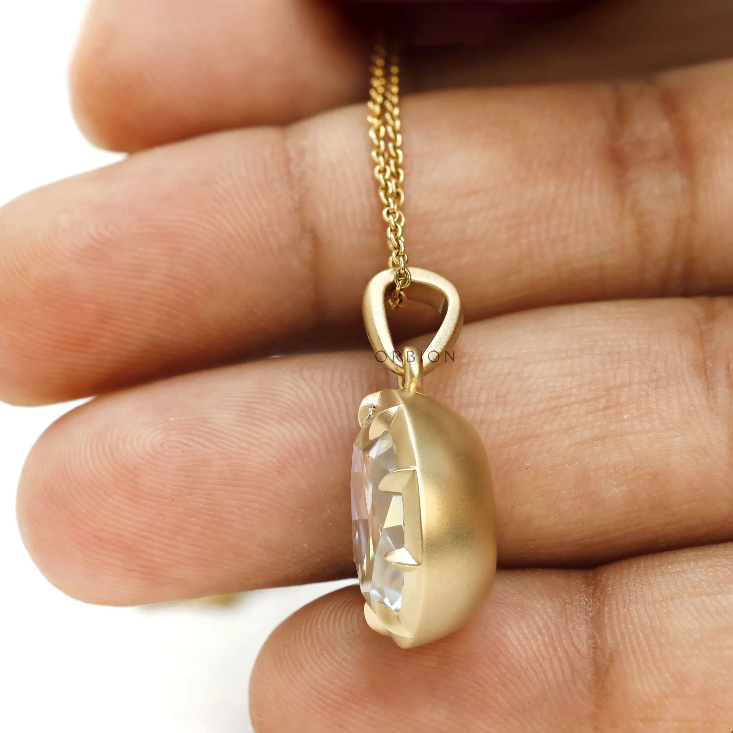 Old Mine Cut Pear Moissanite Necklace with Spray Matte Finish in 18K Gold
