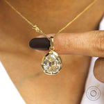 6 CT off white pear moissanite necklace pendant, georgian inspired yellow gold bezel