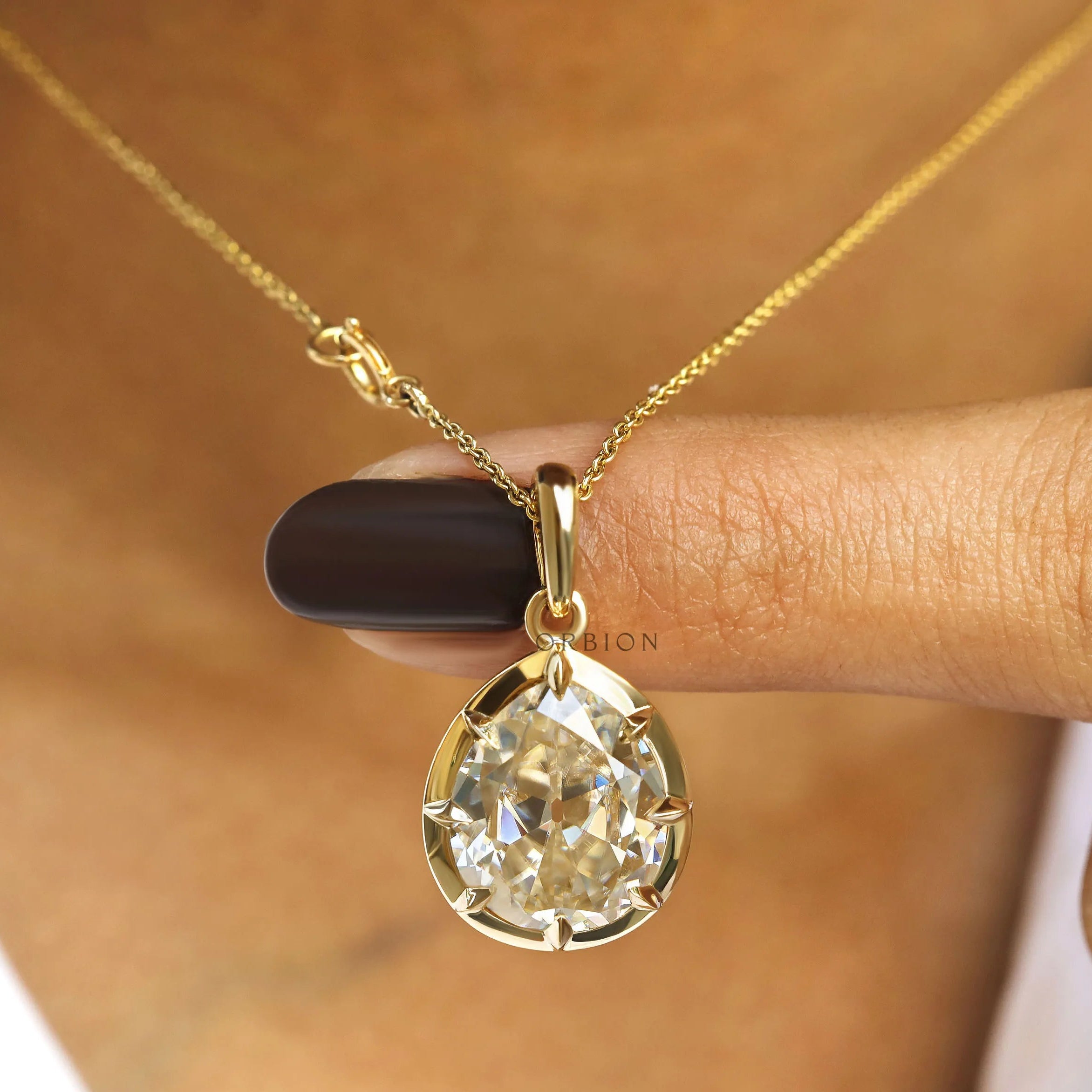 6 CT off white pear moissanite necklace pendant, georgian inspired yellow gold bezel