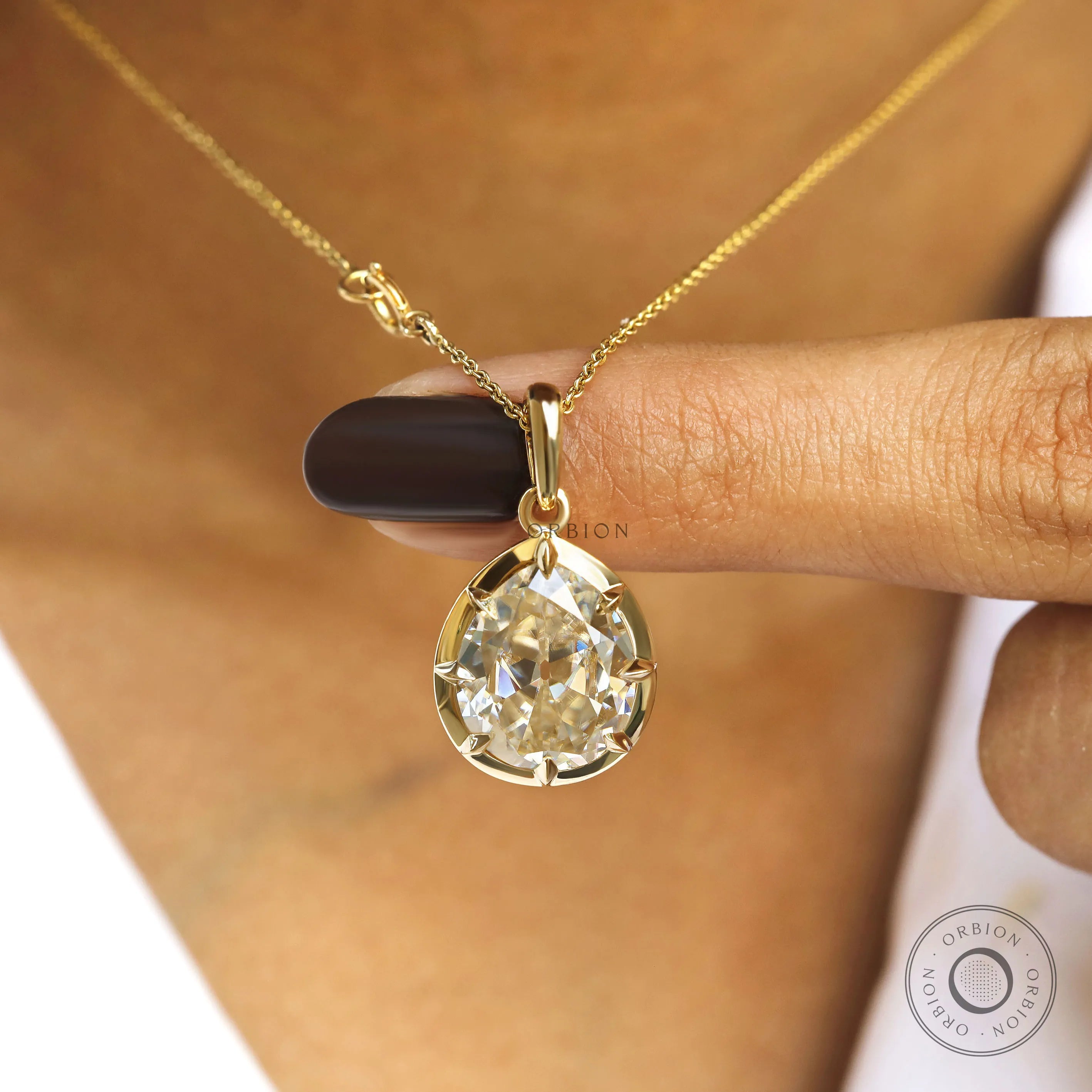 6 CT off white pear moissanite necklace pendant, georgian inspired yellow gold bezel