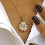 6 CT pear moissanite pendant, off white, georgian style with 18K yellow gold bezel