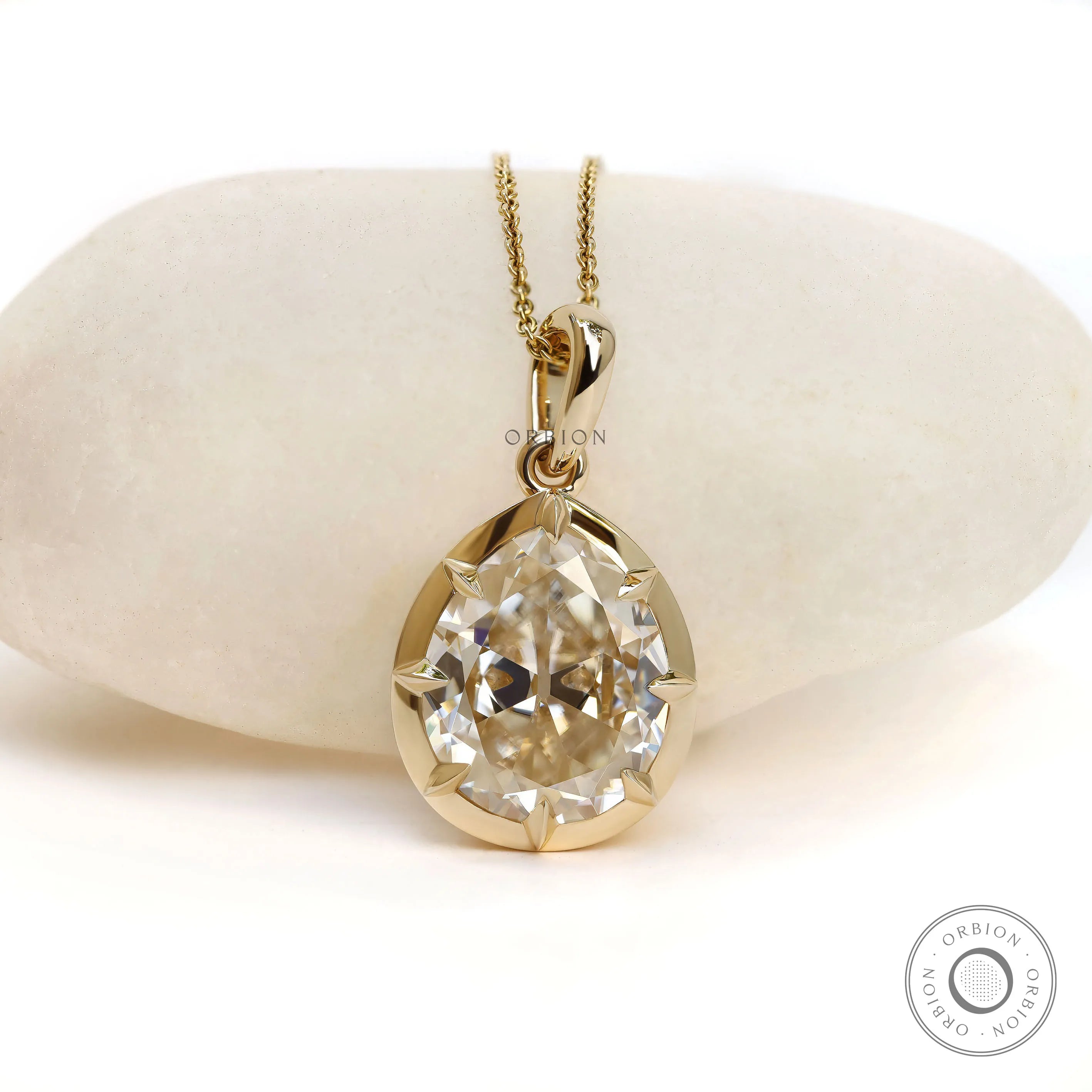 6 CT off white pear moissanite pendant with 18K yellow gold bezel, vintage style