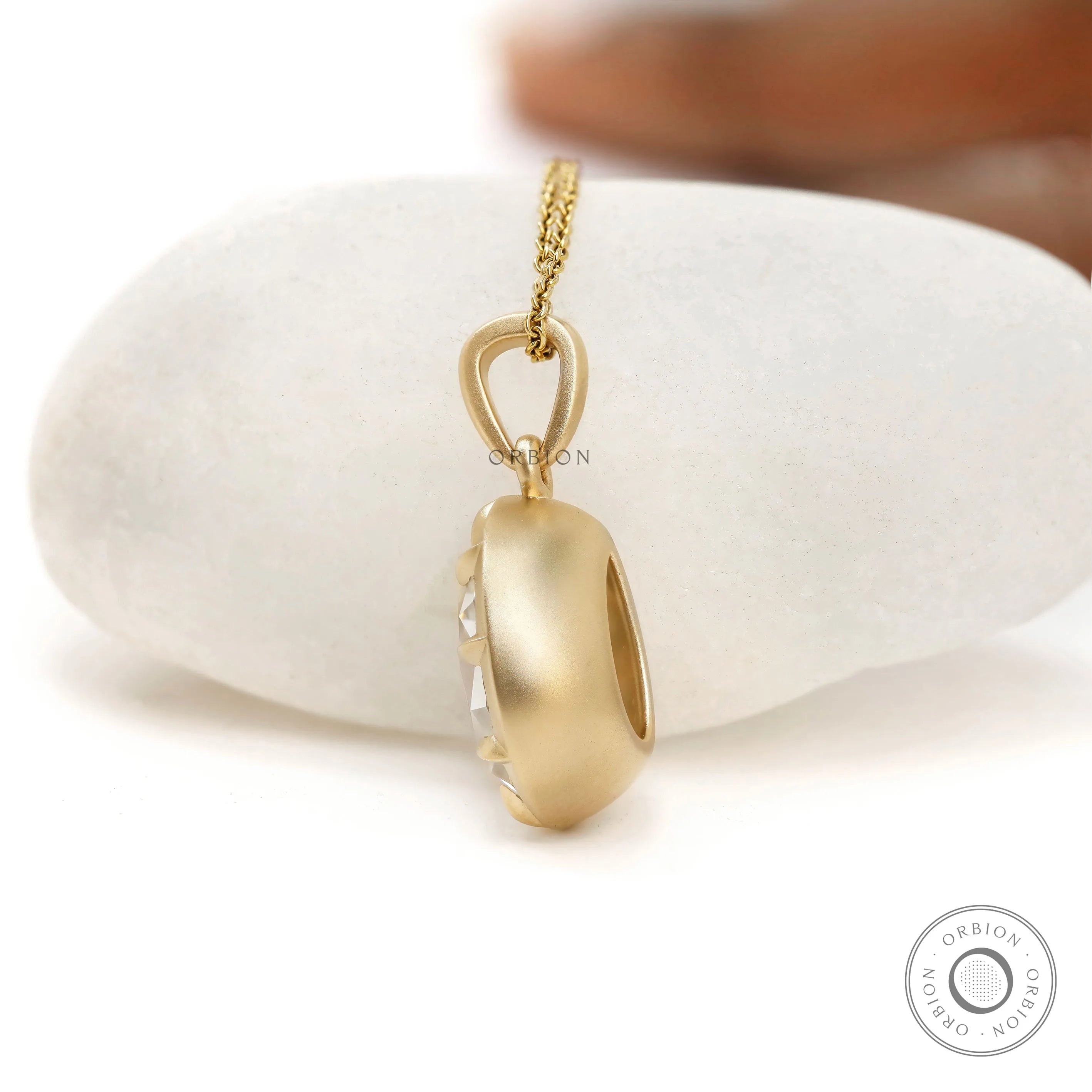 Georgian Style Pear Shaped Moissanite Pendant in 18K Gold, Spray Matte