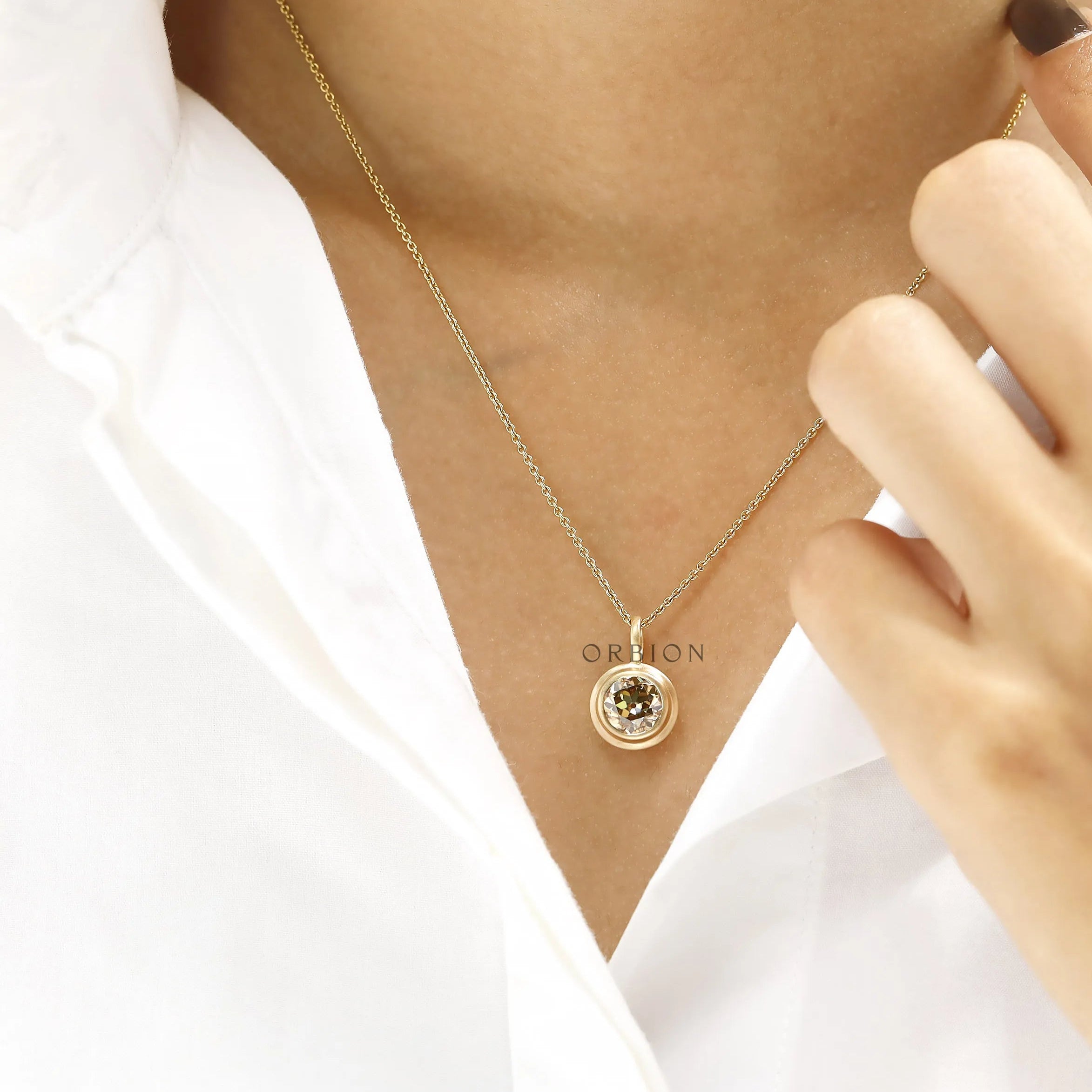 Modern brushed matte 10k yellow gold pendant with champagne moissanite, 1.50 Ct
