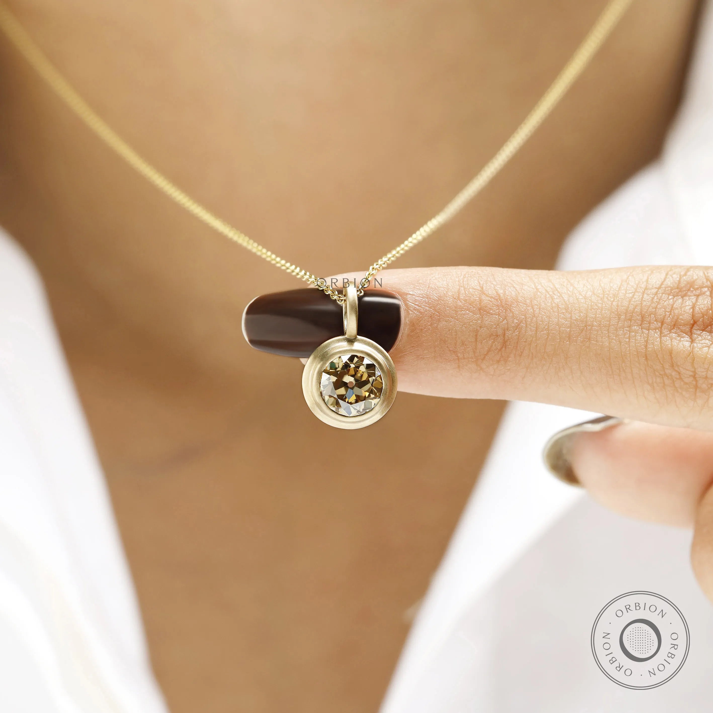 Luxurious champagne moissanite bezel pendant in 10k yellow gold, brushed matte, 1.50 Ct