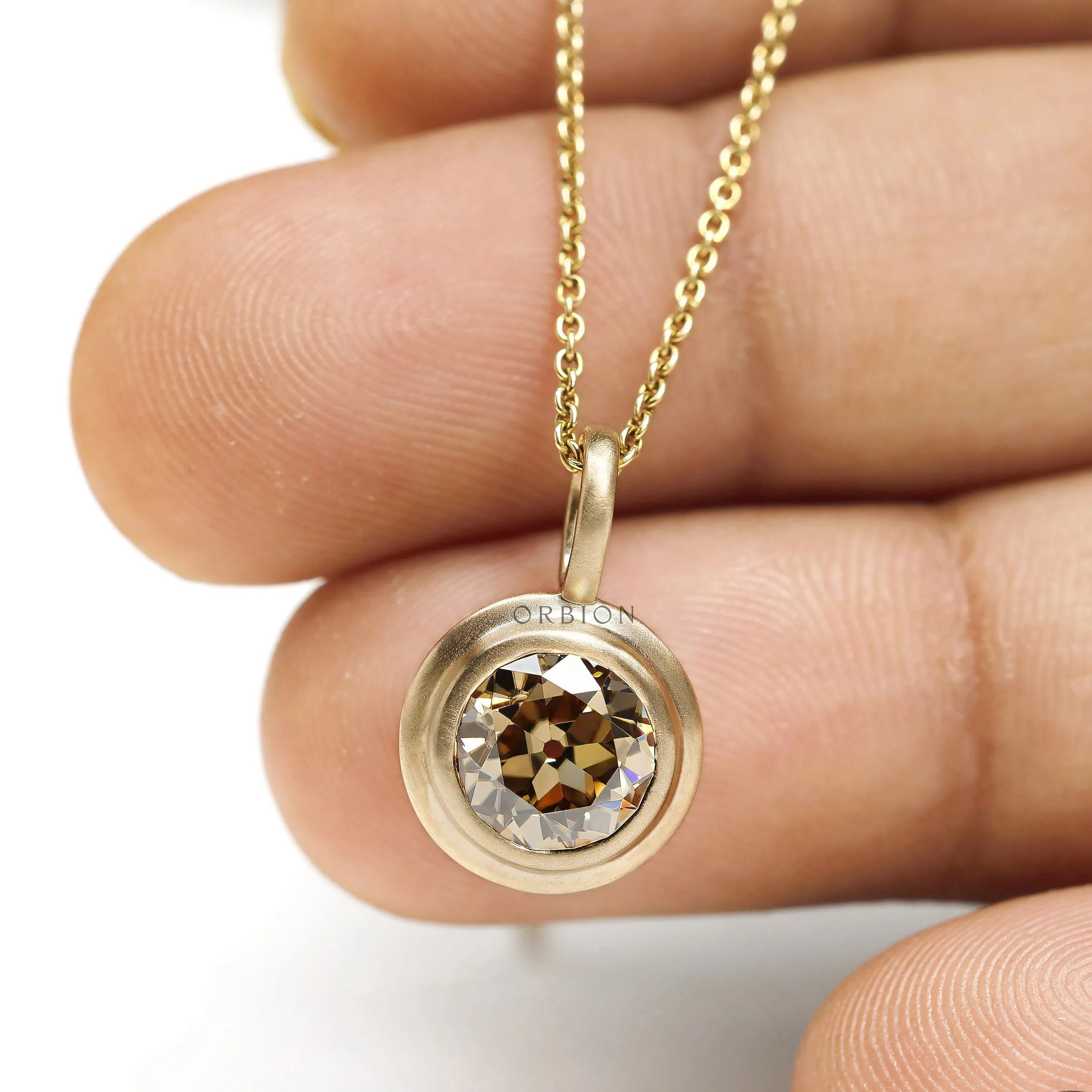 Old european cut champagne moissanite bezel pendant, 1.50 Ct, 10k yellow gold brushed matte finish