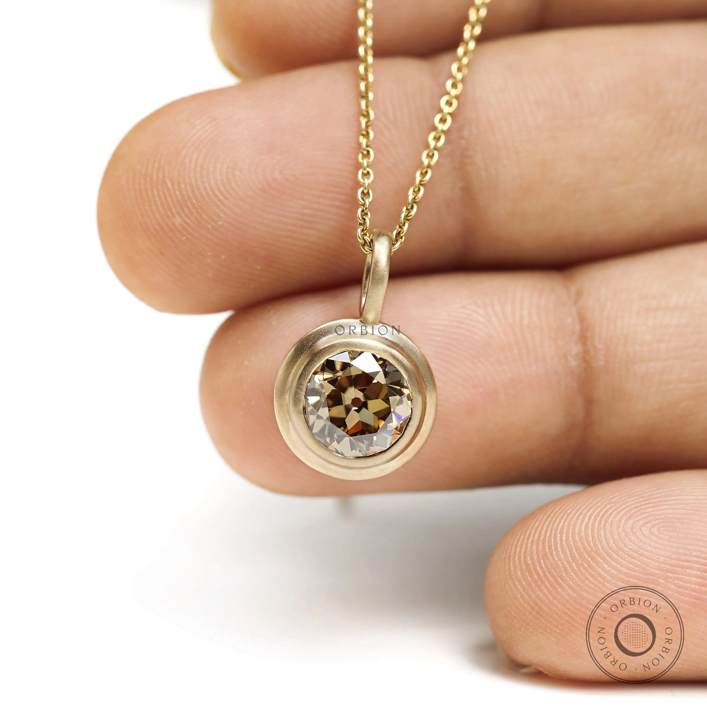 Old european cut champagne moissanite bezel pendant, 1.50 Ct, 10k yellow gold brushed matte finish