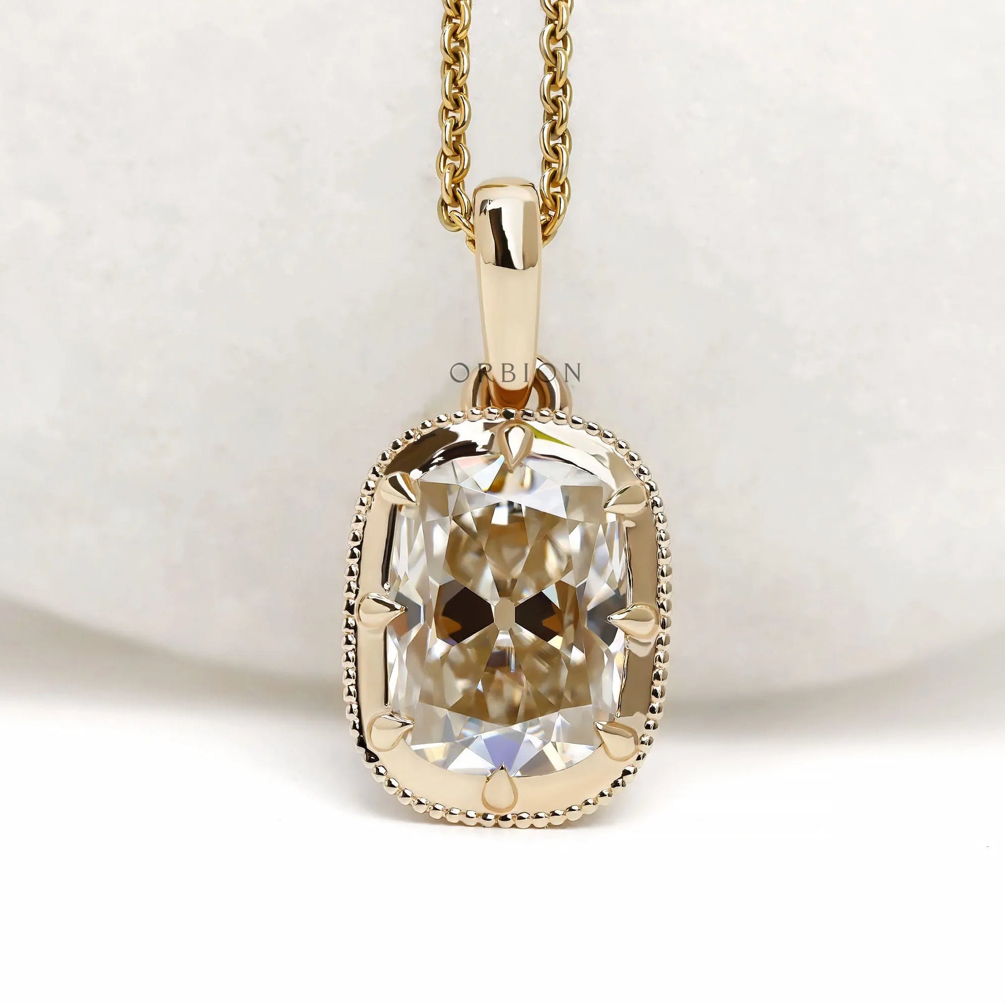 Antique elongated cushion moissanite pendant in 14k yellow gold Georgian style vintage jewelry