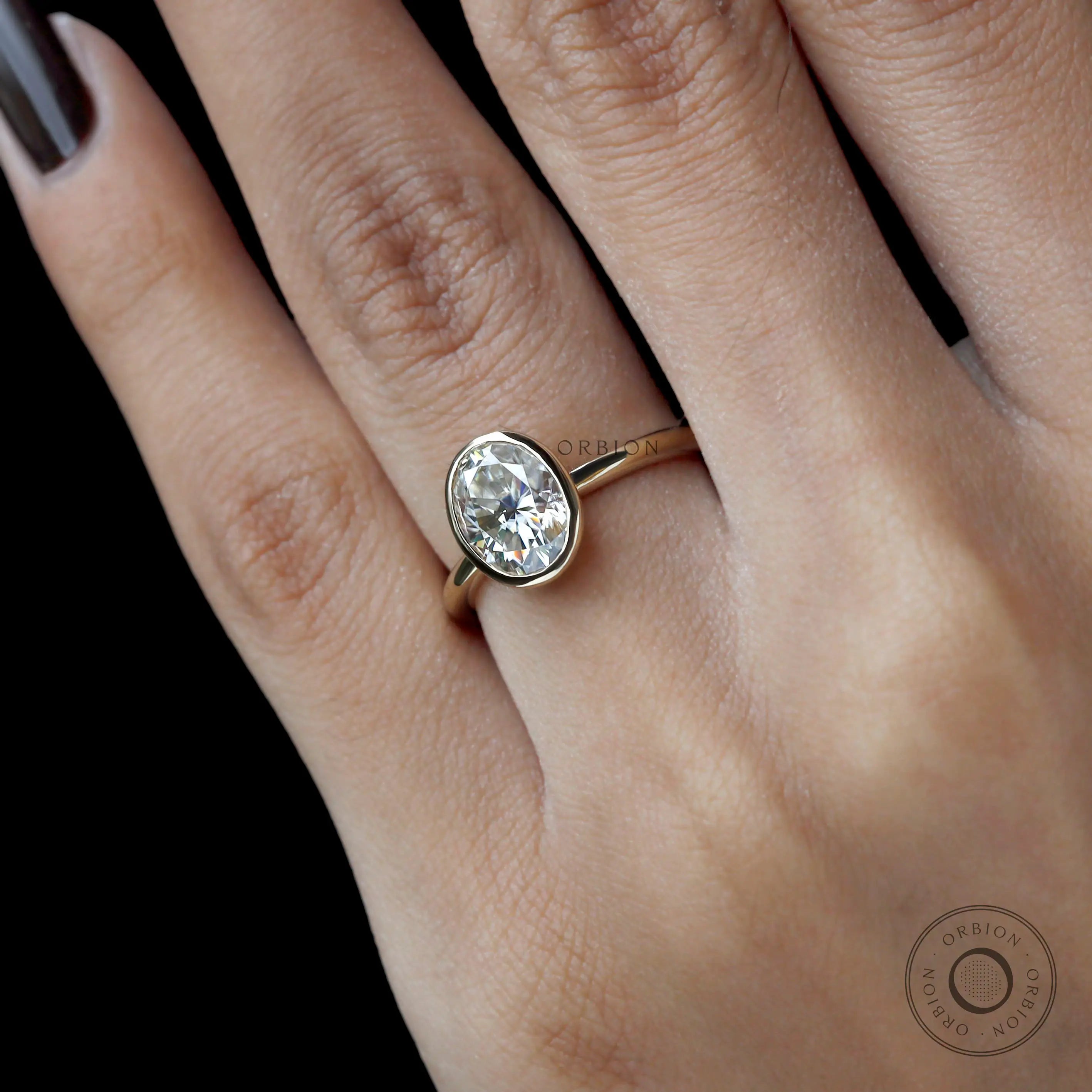 Unique floating style oval lab diamond promise ring close up