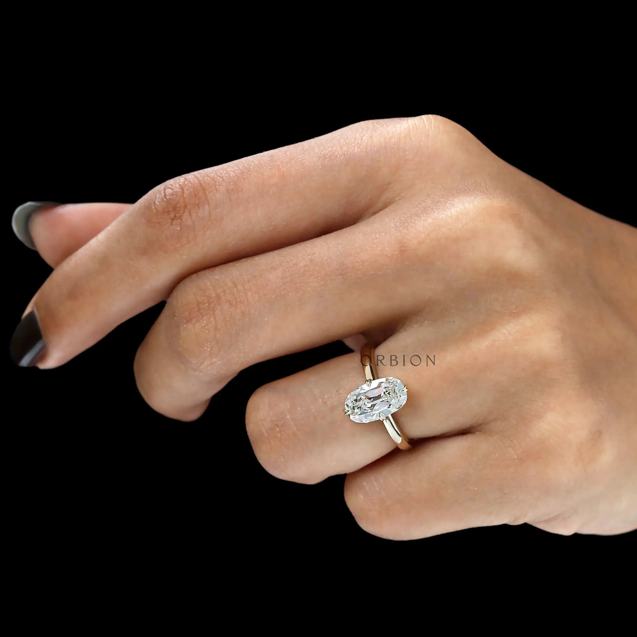 OMC elongated cushion engagement ring side profile yellow gold