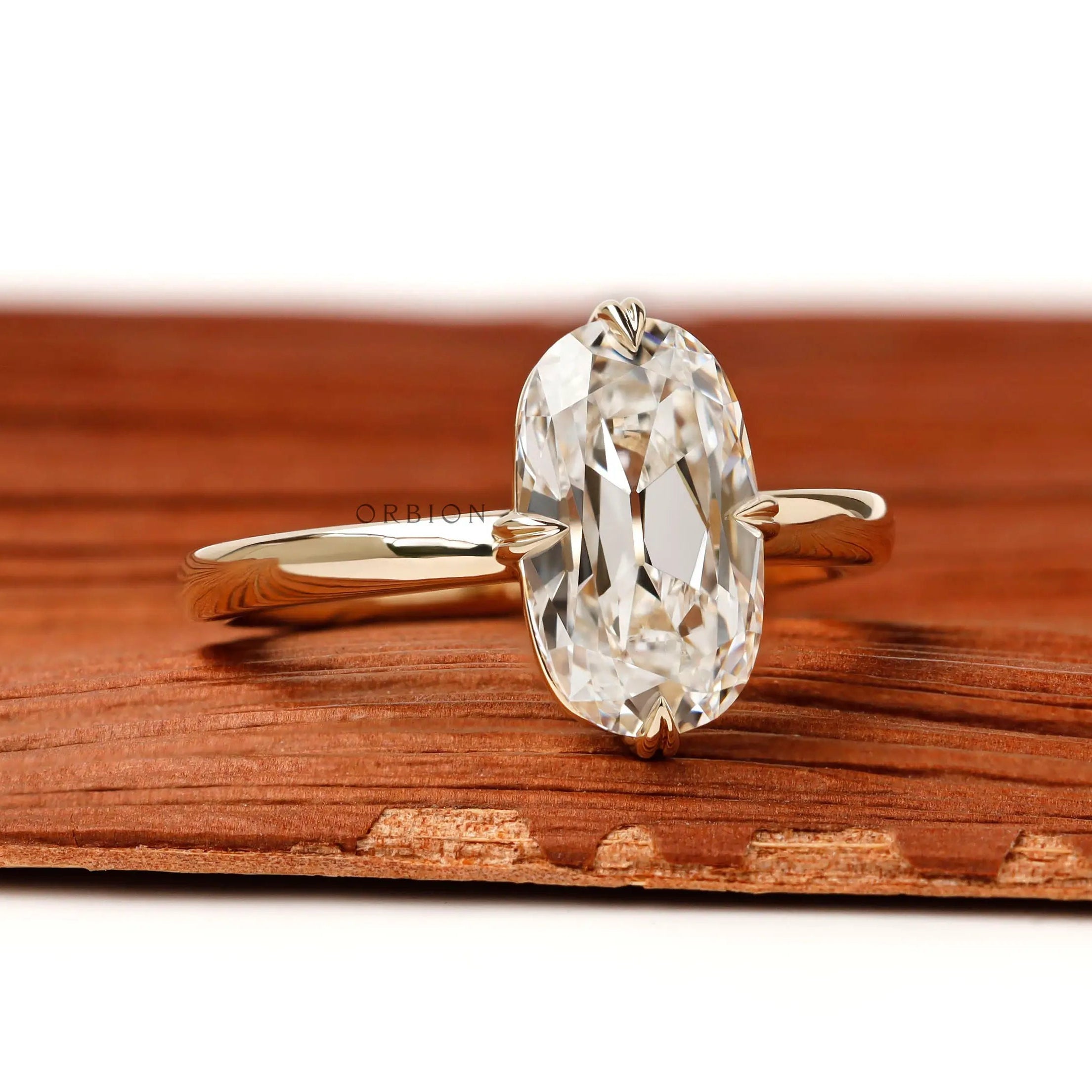 Bar culet elongated cushion OMC lab diamond ring in 14k yellow gold