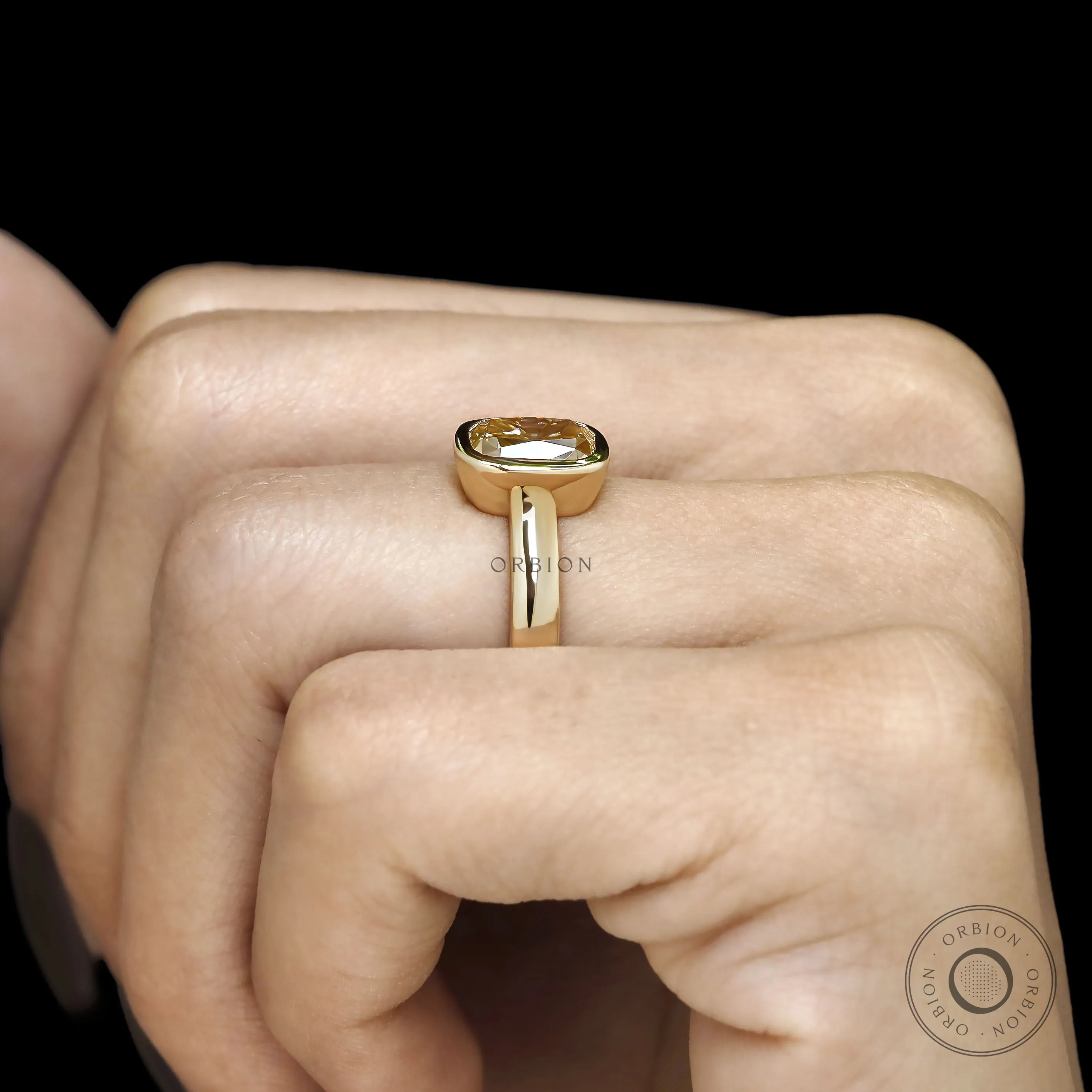 Modern Vintage Champagne Moissanite Ring with Thick 14K Gold Band