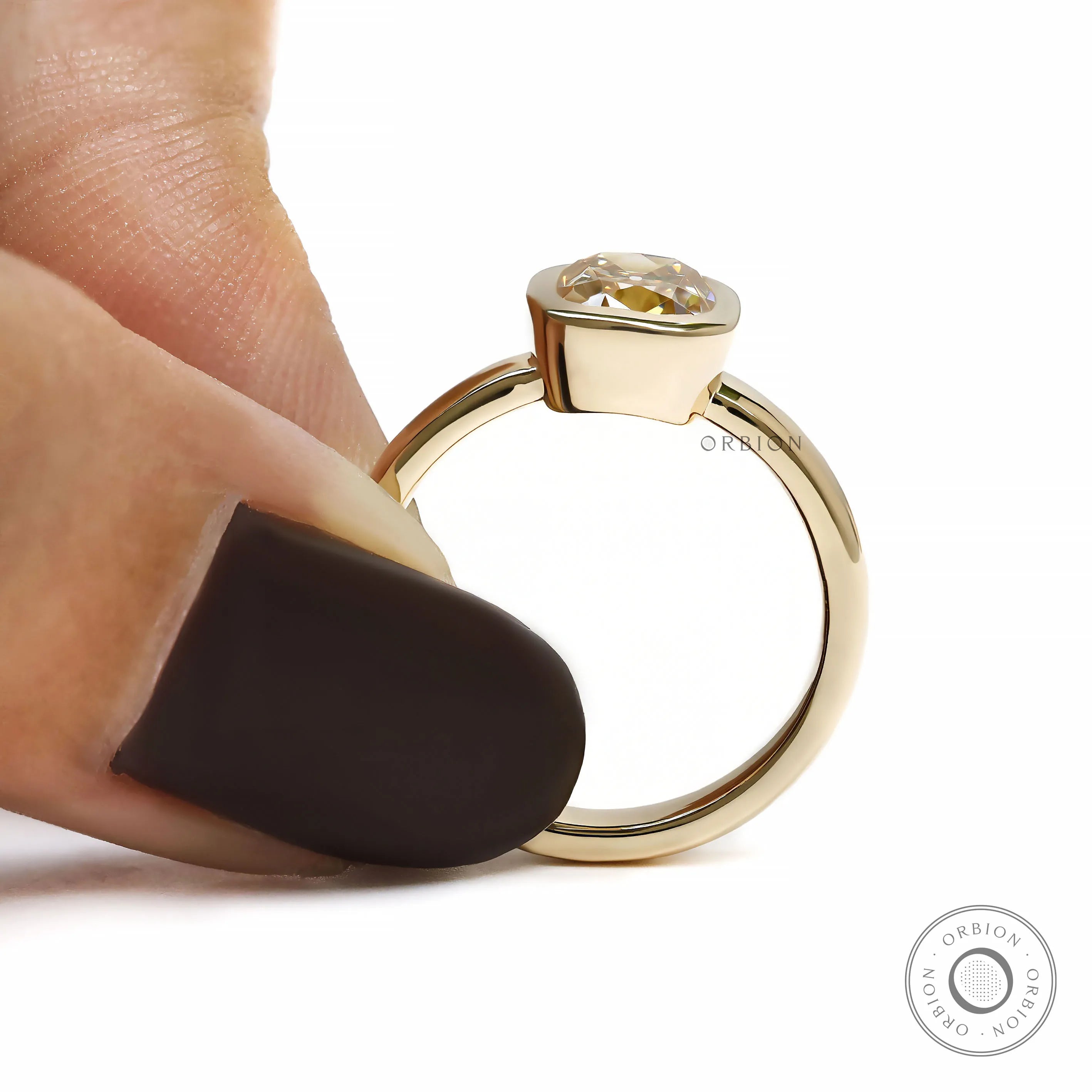 Elongated Cushion Champagne Moissanite Ring with Bold Bezel Setting