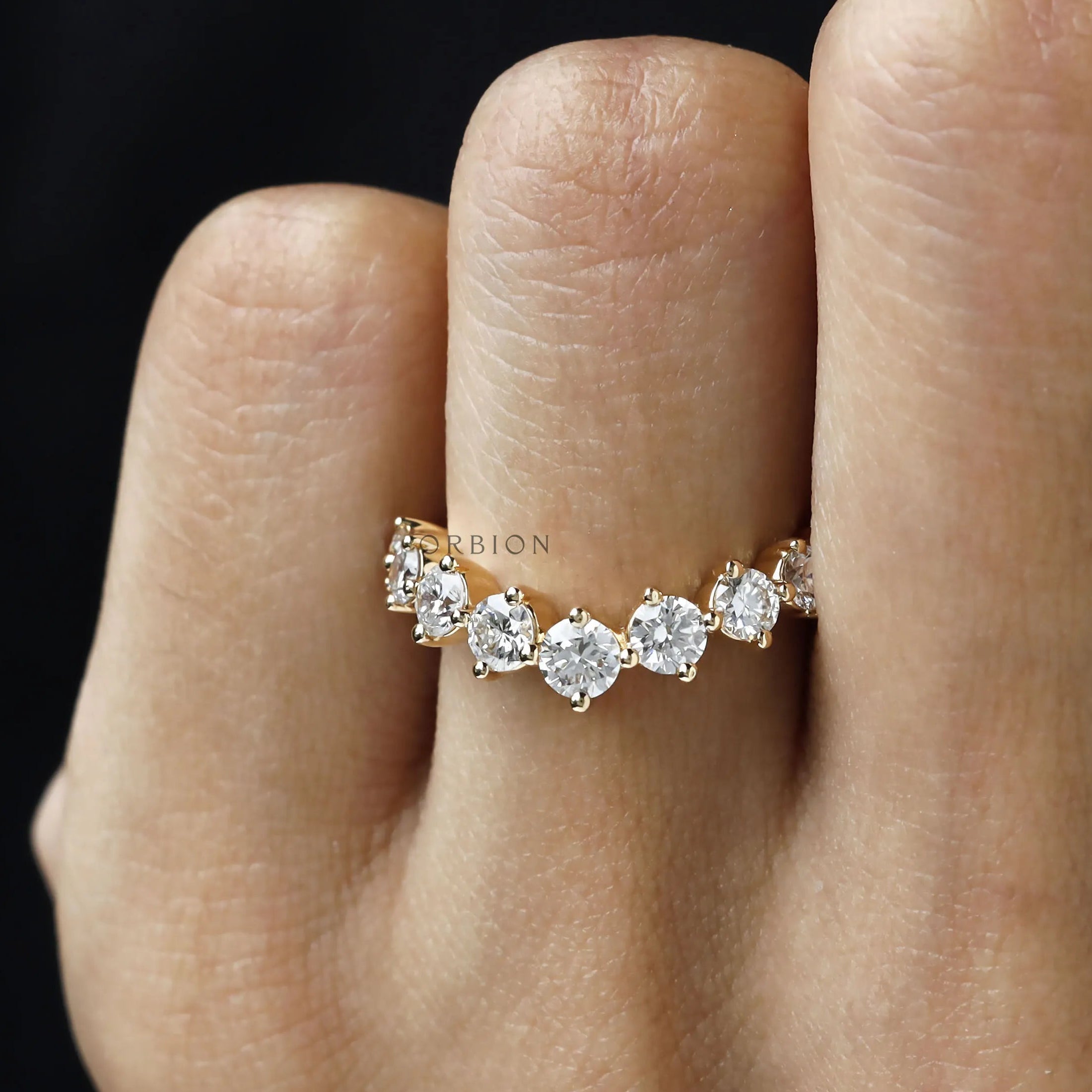 Round lab diamond curved wedding band wishbone stacking ring in gold