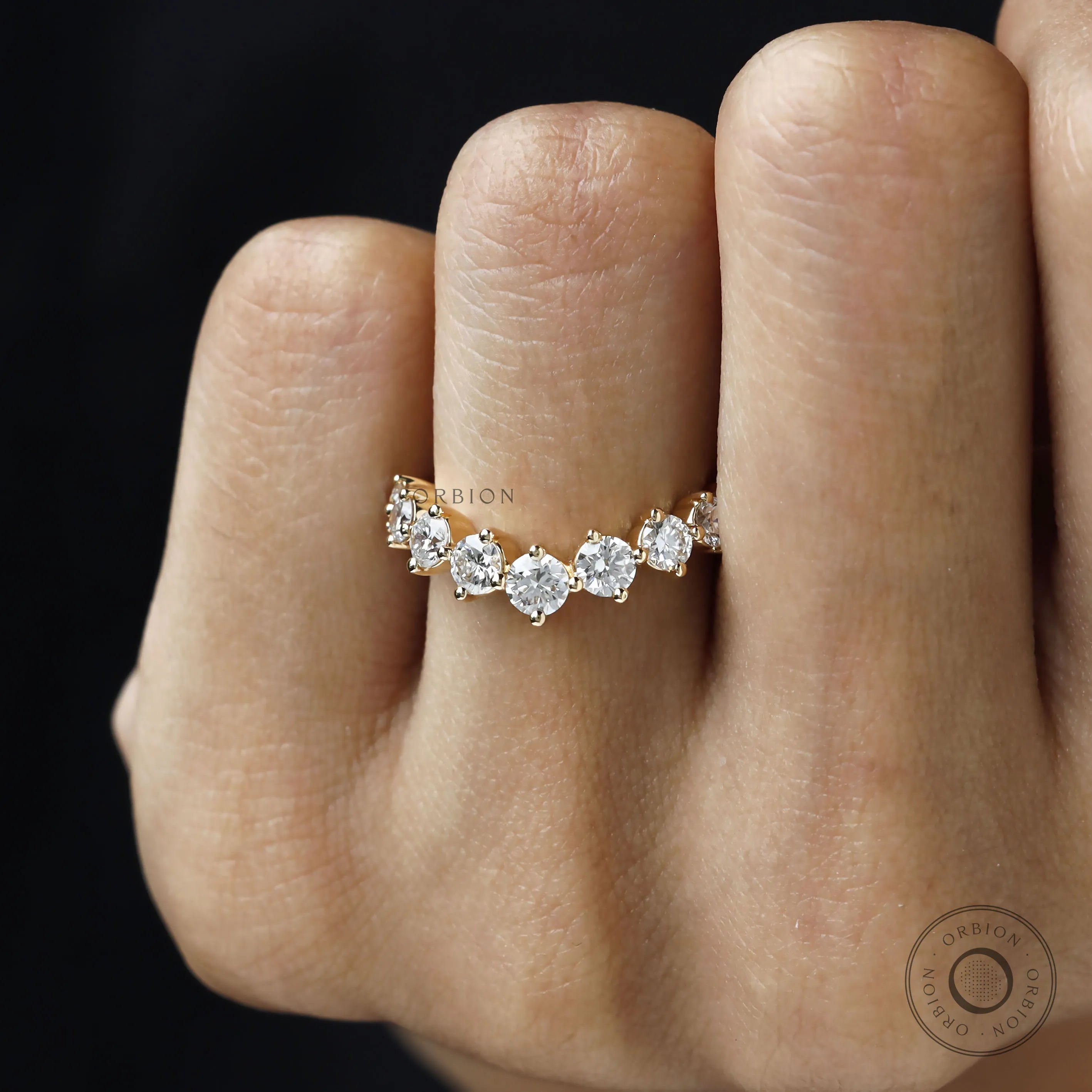 Round lab diamond curved wedding band wishbone stacking ring in gold
