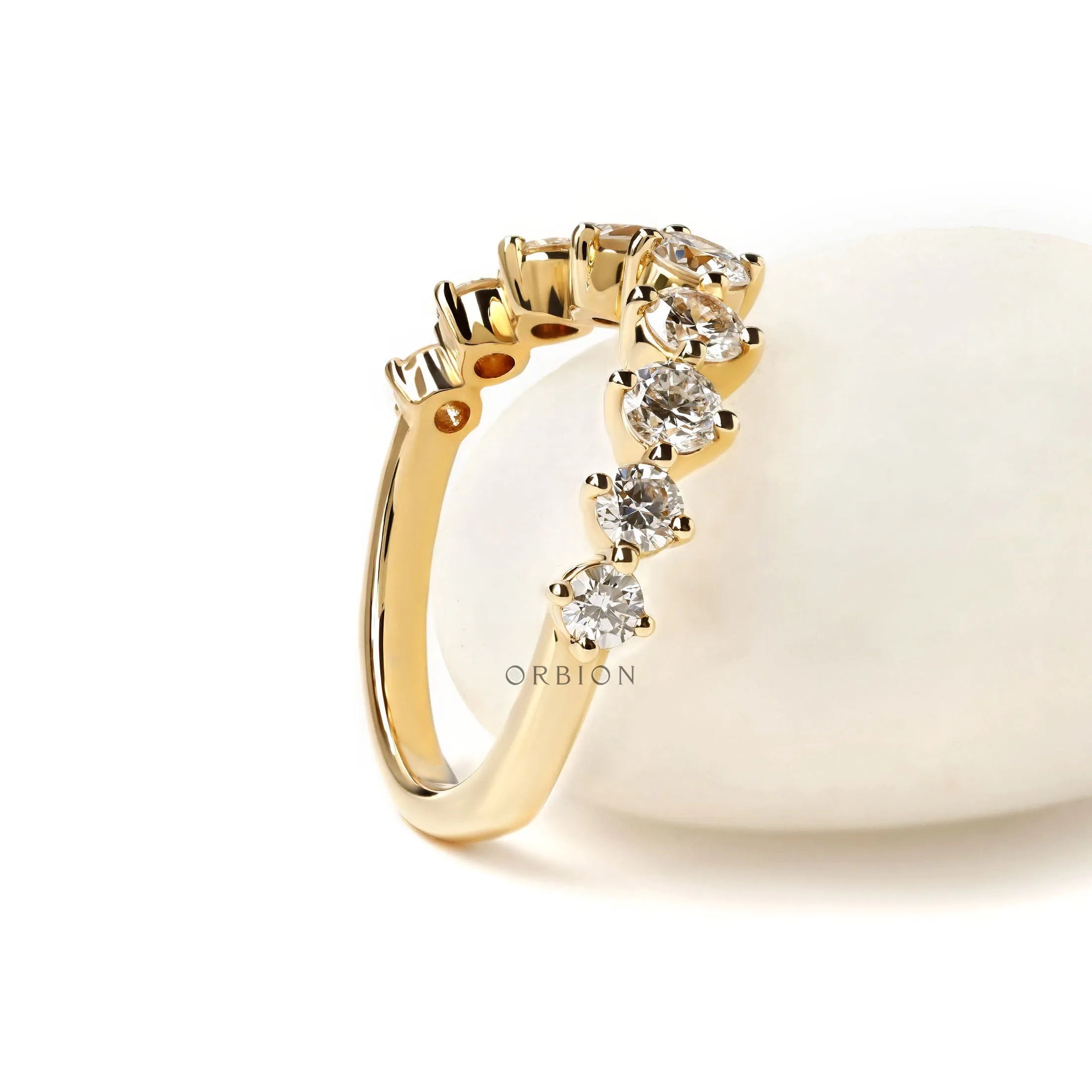 14k yellow gold round moissanite chevron stacking band 