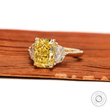 Three Stone Radiant Cut Yellow Lab Diamond Wedding Engagement Ring With Epaulette And Pear Side Stones 14k Yellow Gold Cathedral Bridal Ring