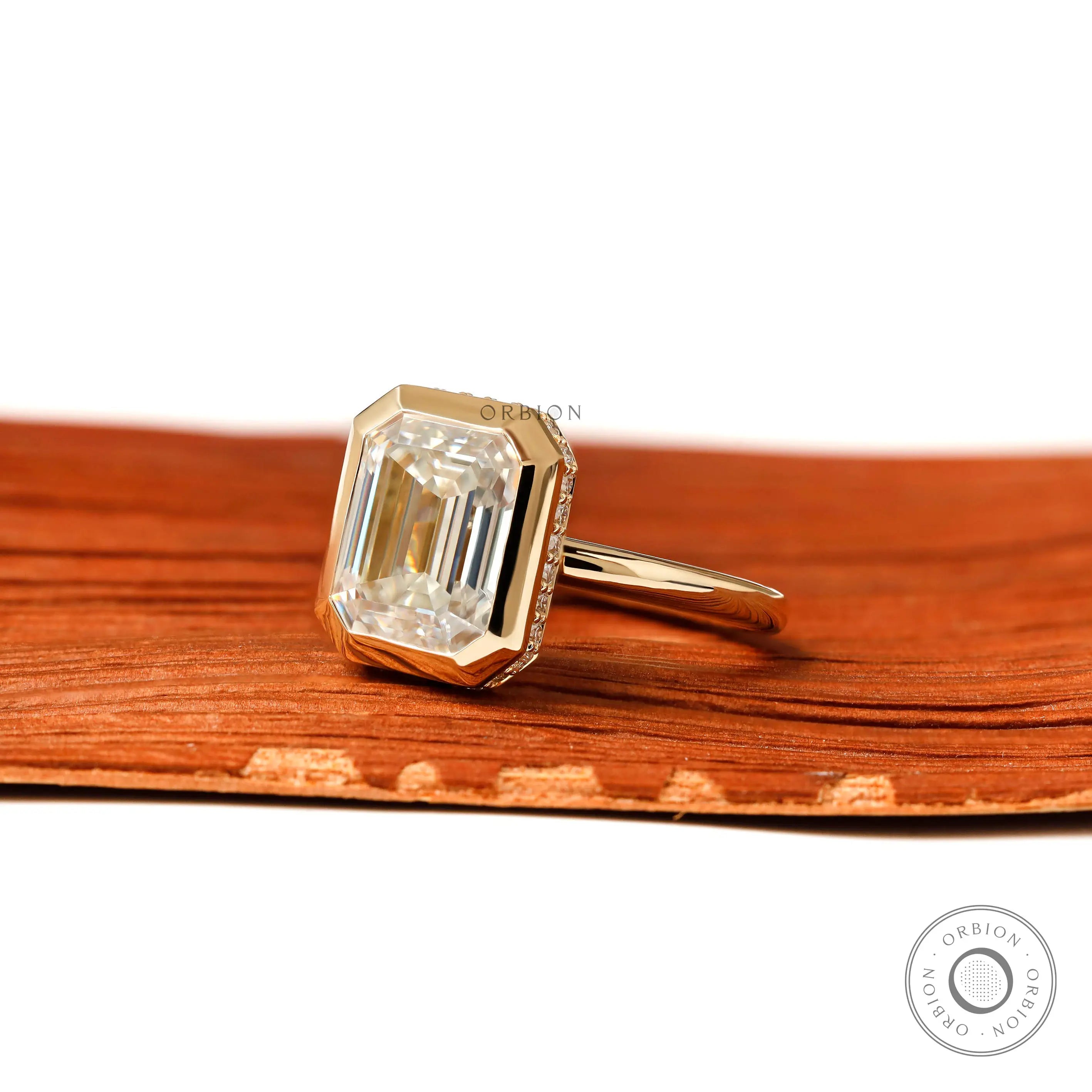 2.5 ct emerald cut lab diamond bezel halo solitaire ring close view