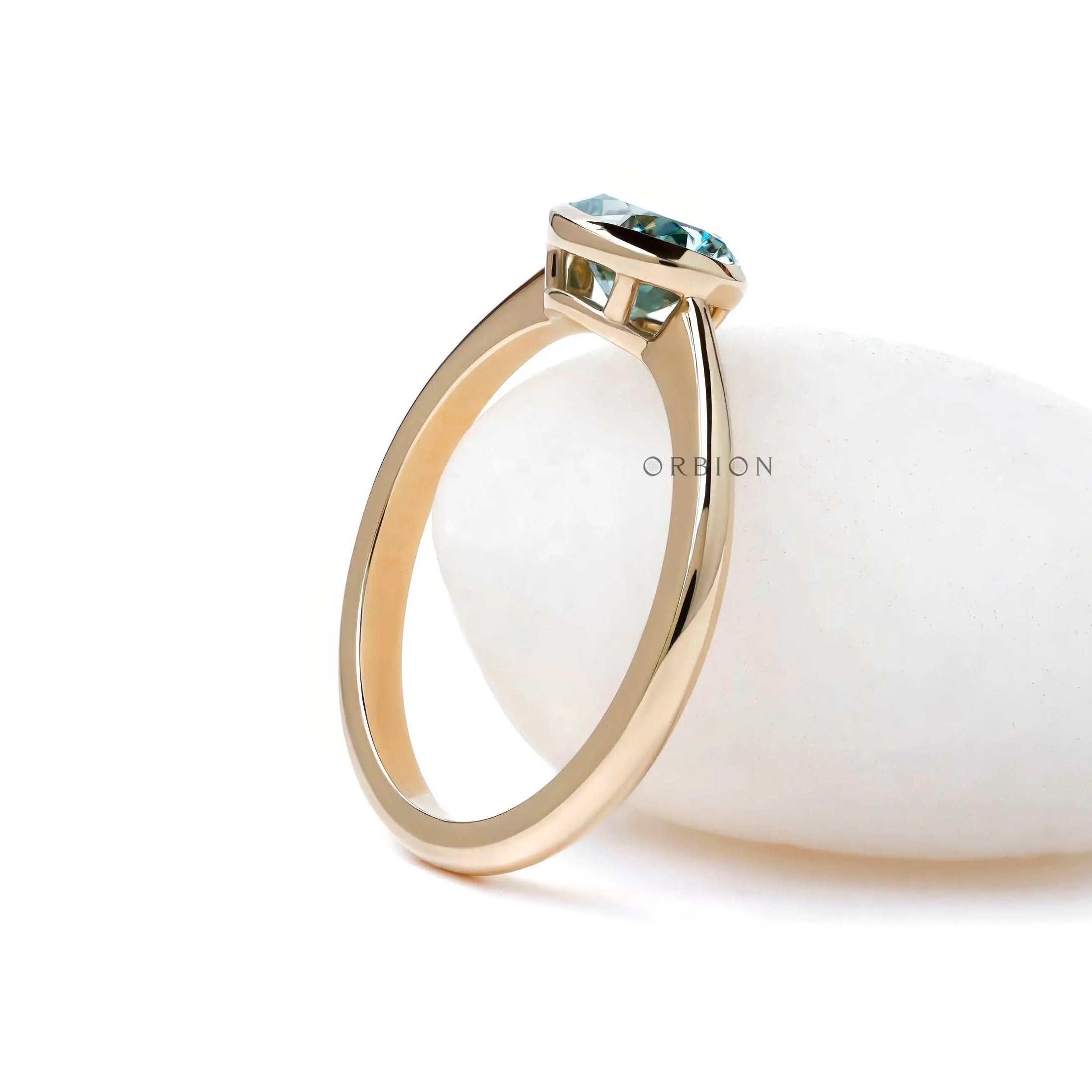 Blue green moissanite bezel ring elegant minimalist engagement ring