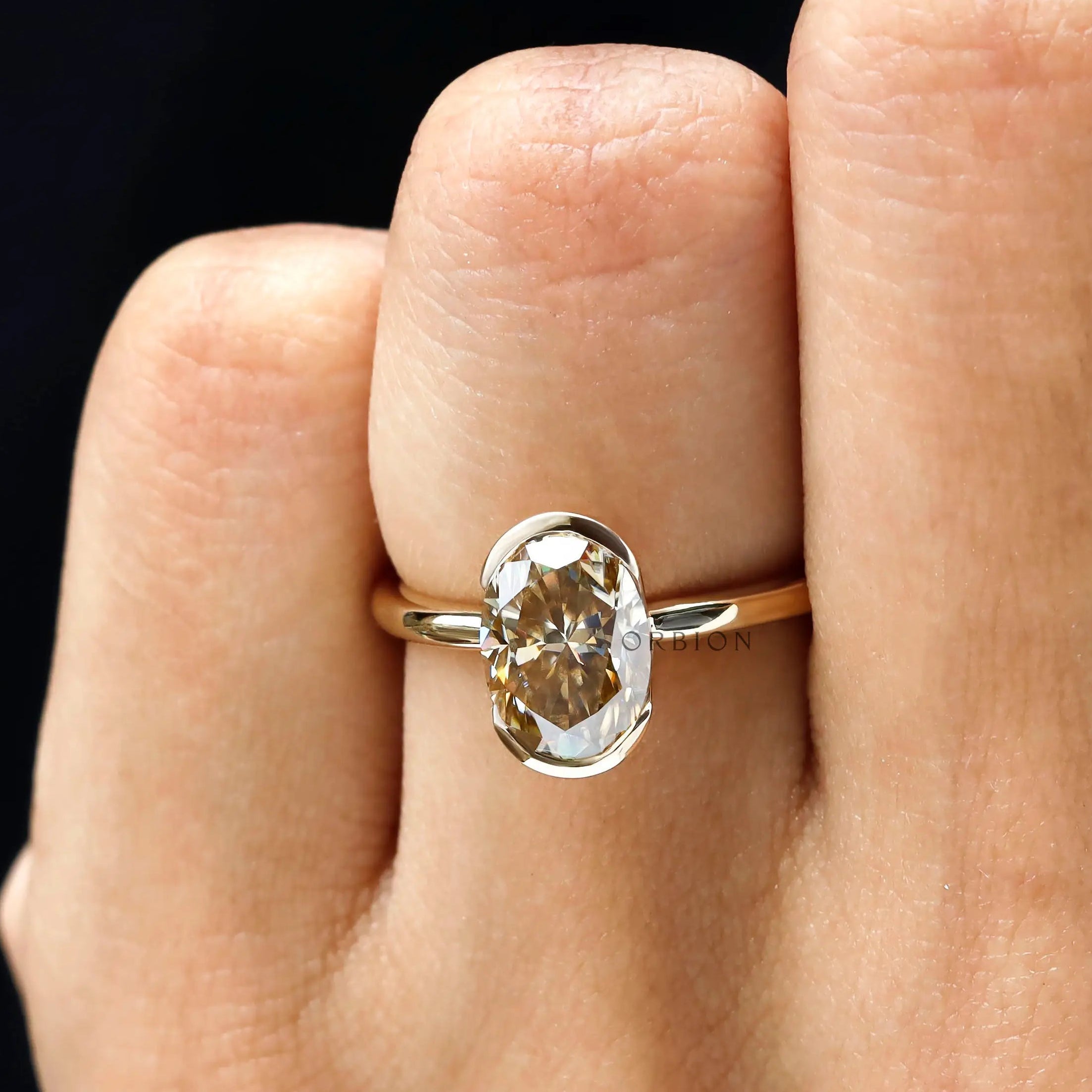 2 ct oval champagne moissanite floating bezel solitaire ring