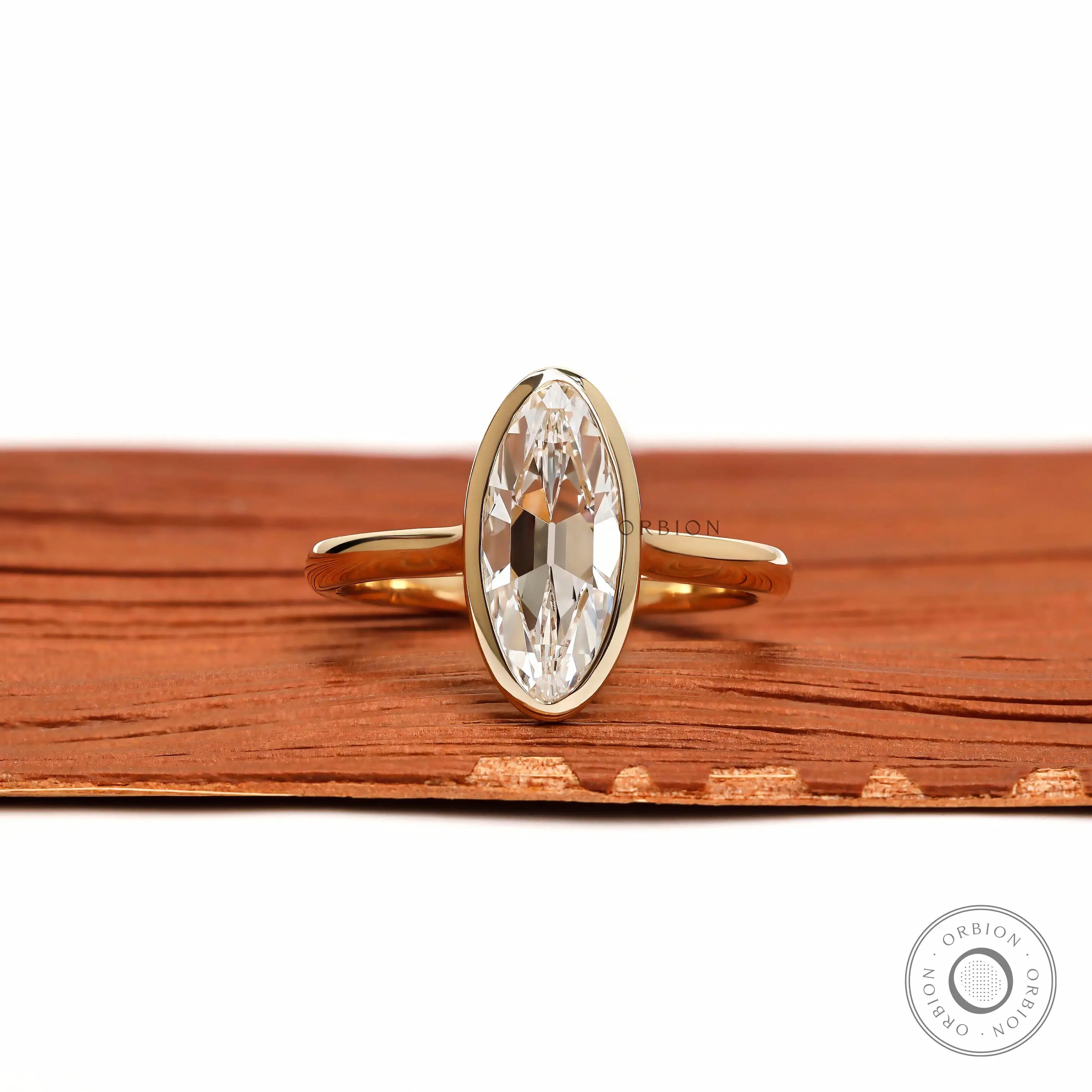 Antique OMC moval lab diamond bezel solitaire ring front view