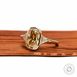 Three Stone Bezel OMC Elongated Cushion Champagne Moissanite Engagement Ring 14k Yellow Gold Unique Low Set Wedding Bridal Statement Ring