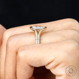 Close hand view old mine elongated cushion diamond ring