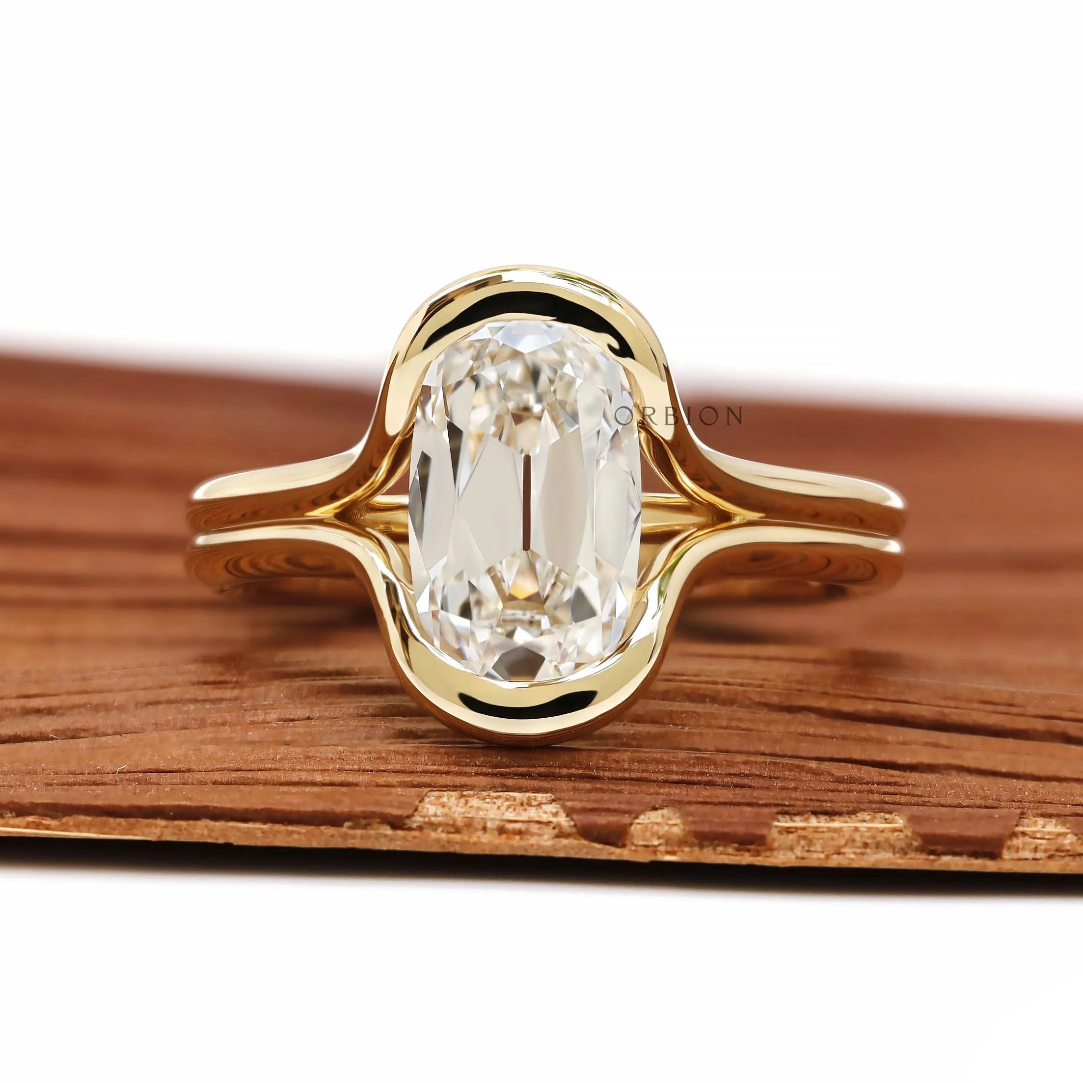 Floating Split Shank Elongated Cushion Lab Diamond Ring in 18K Yellow Gold
